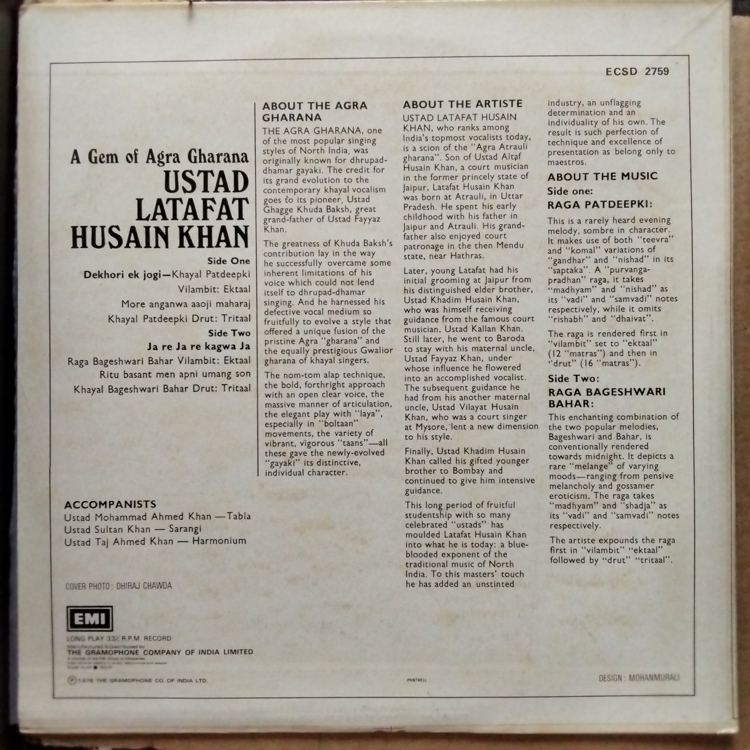 Ustad Latafat Husain Khan  - A Gem Of Agra Gharana (Vinyl)