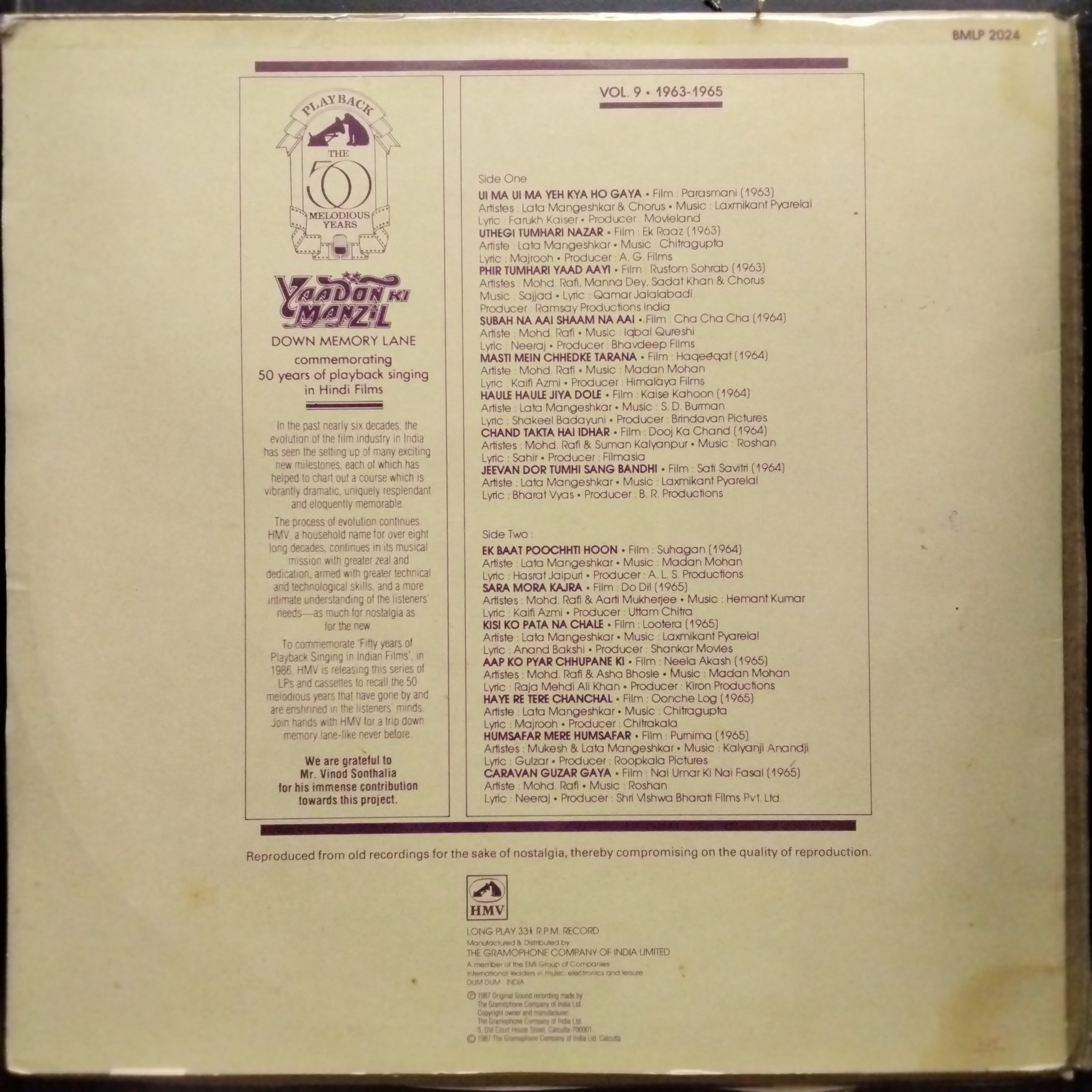 Various - Yaadon Ki Manzil - Down Memory Lane - Vol.9 (1963-1965) (Vinyl)