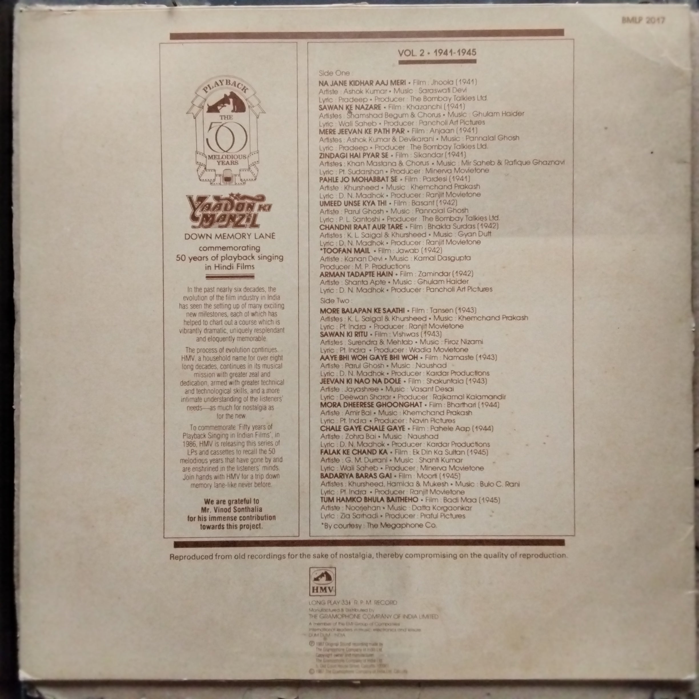 Various  - Yaadon Ki Manzil - Down Memory Lane - Vol.2 (1941-1945)  (Vinyl)