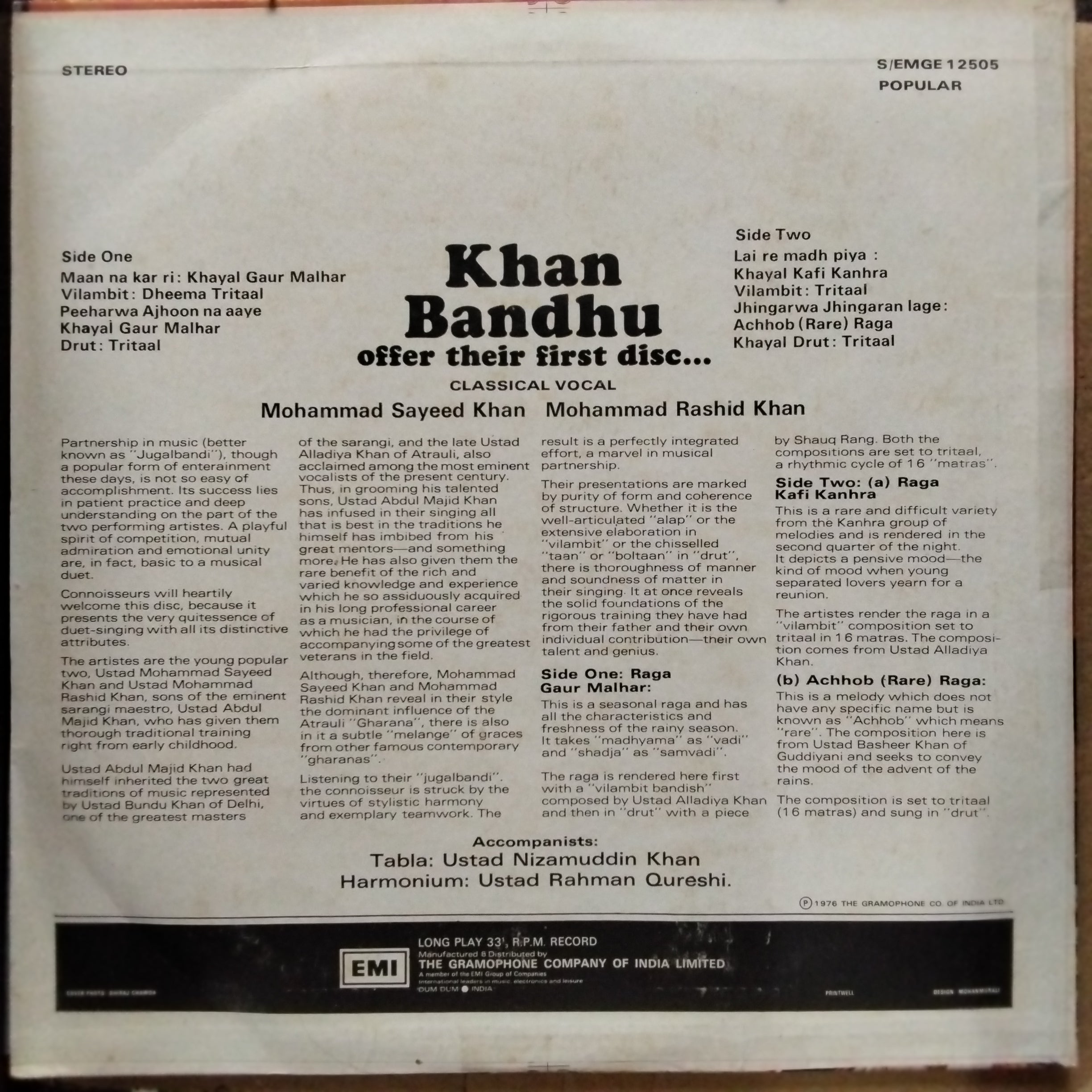 Khan Bandhu, Mohammad Sayeed Khan, Mohammed Rashid Khan - Khan Bandhu Offer Their First Disc… (Classical Vocal) (Vinyl)