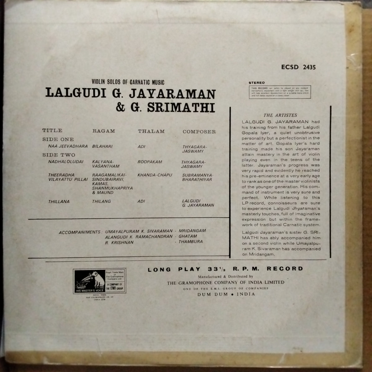 Lalgudi G. Jayaraman* & G. Srimathi  - Violin Solos Of Carnatic Music By Lalgudi G. Jayaraman & G. Srimathi (Vinyl)