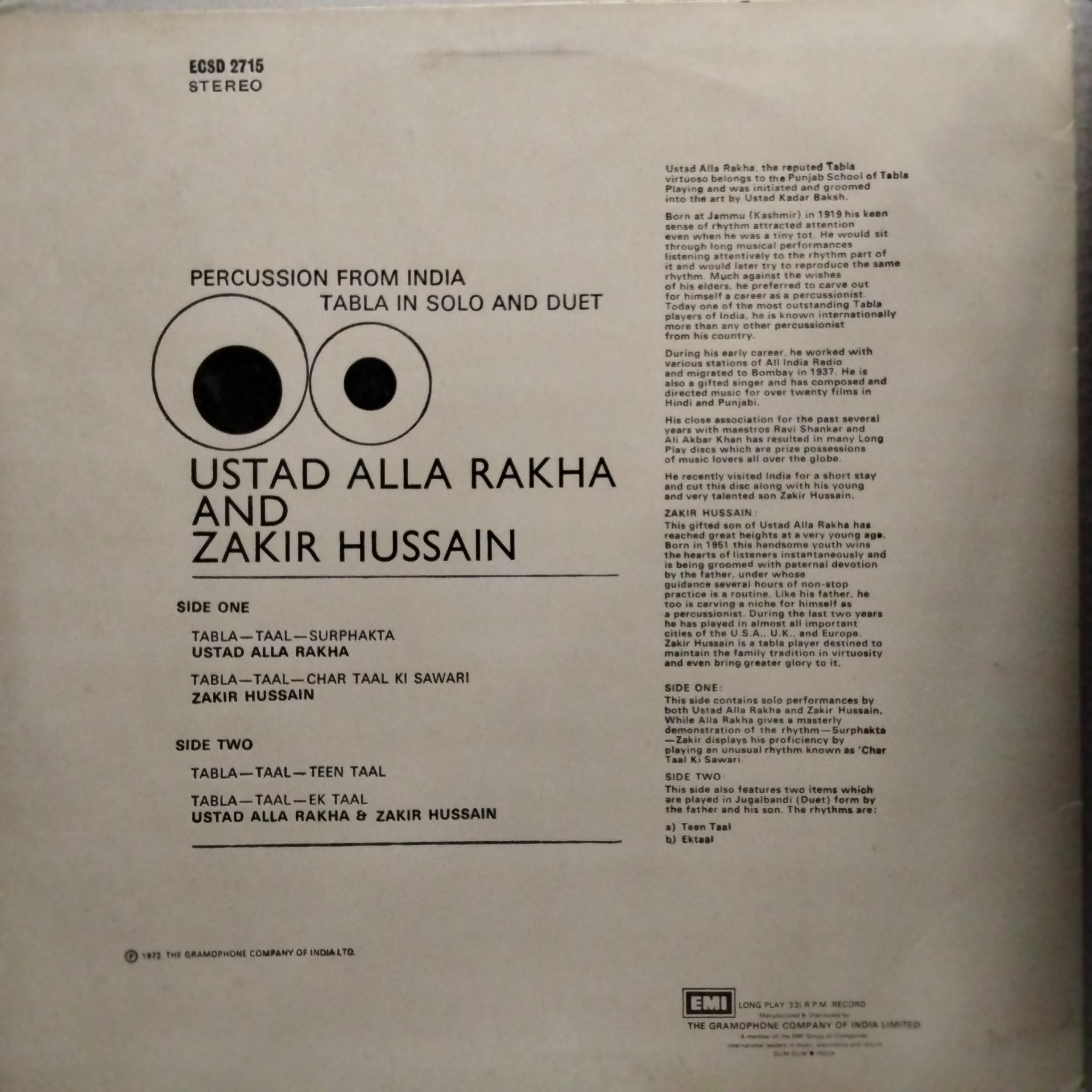 Ustad Alla Rakha* And Zakir Hussain -  Percussion From India (Tabla In Solo And Duet) (Vinyl)