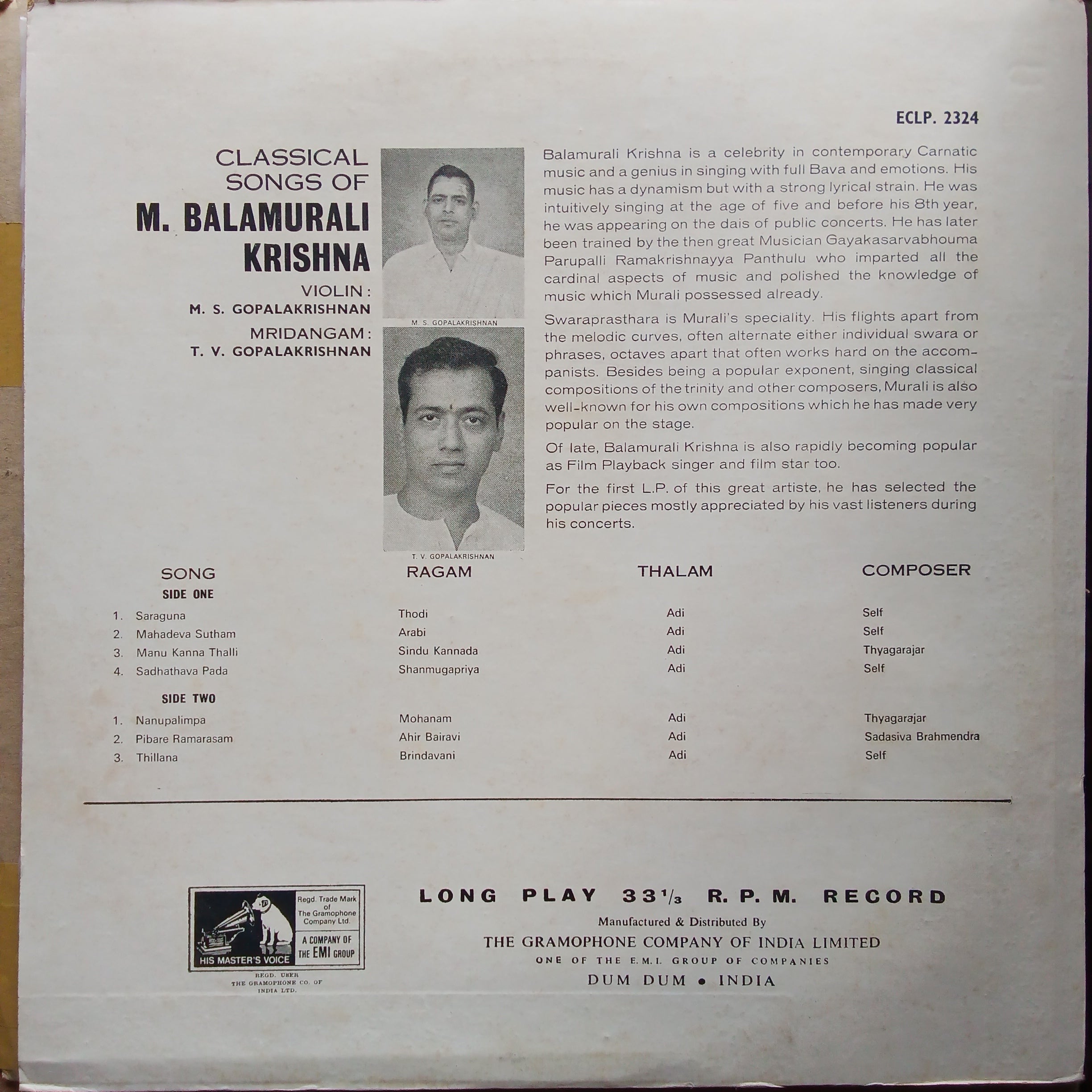 M. Balamurali Krishna  - Classical Songs Of... (Vinyl)