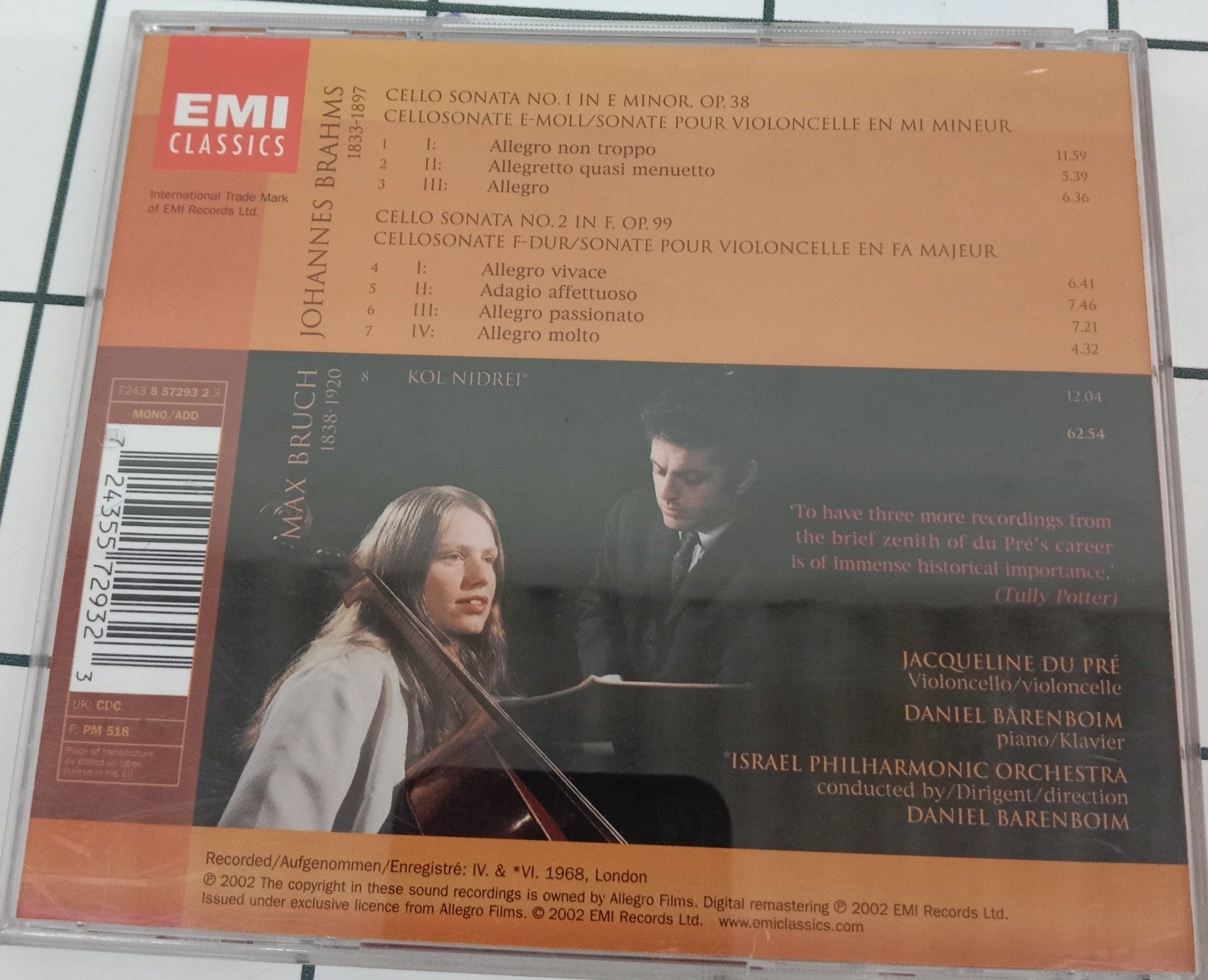 Jacqueline Du Pré - Daniel Barenboim - Johannes Brahms - Max Bruch - Israel Philharmonic Orchestra - Brahms: Cello Sonatas Nos. 1 & 2 / Bruch: Kol Nedrei (CD)