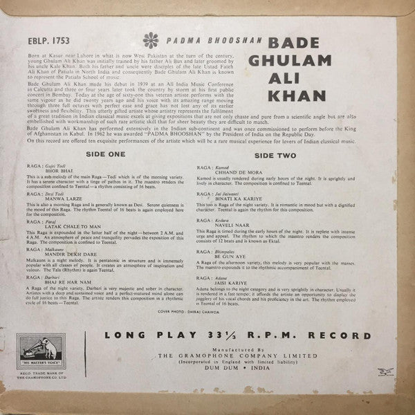 Bade Ghulam Ali Khan - Raga Â· Jai Jaiwanti / Raga Â· Desi Todi (Vinyl)