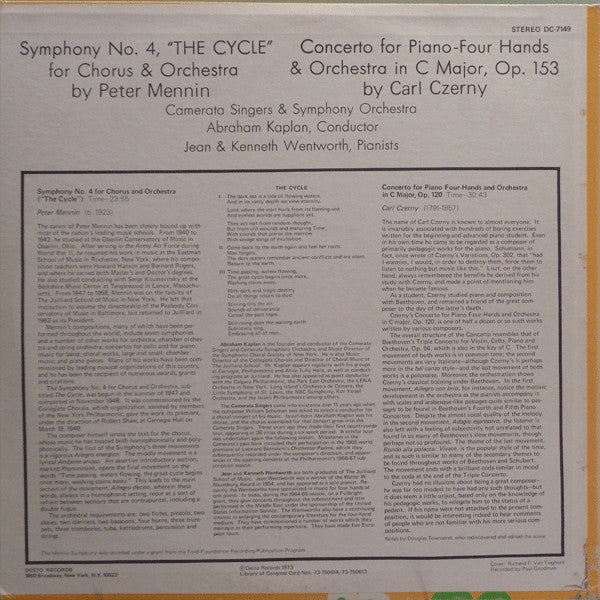 Peter Mennin, Carl Czerny - Symphony No. 4, "The Cycle" For Chorus And Orchestra Op. 153 (Vinyl)