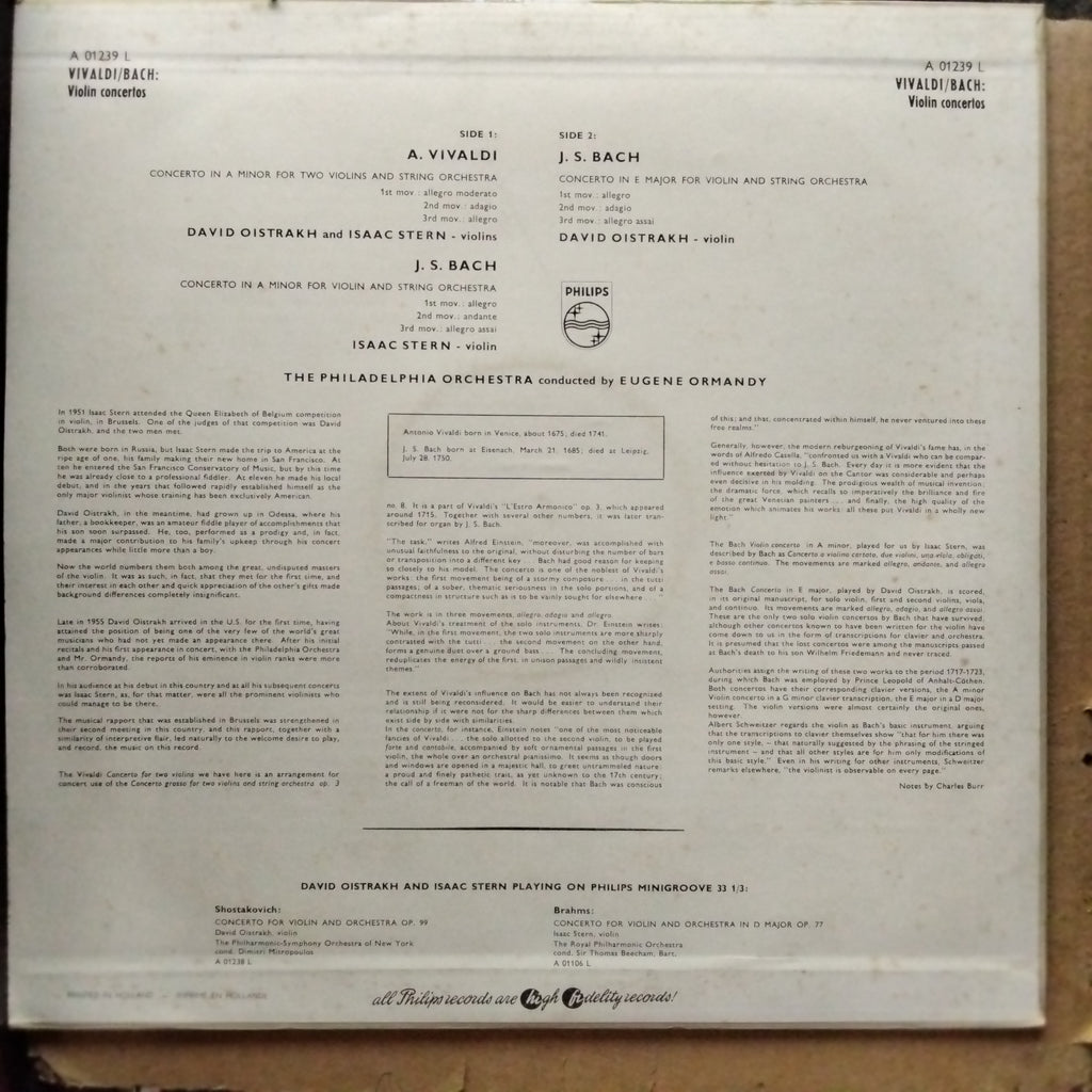 A. Vivaldi*, David Oistrakh*, Isaac Stern, J. S. Bach*, The Philadelphia Orchestra  - Concerto For Two Violins And String Orchestra In A Minor (Vinyl)