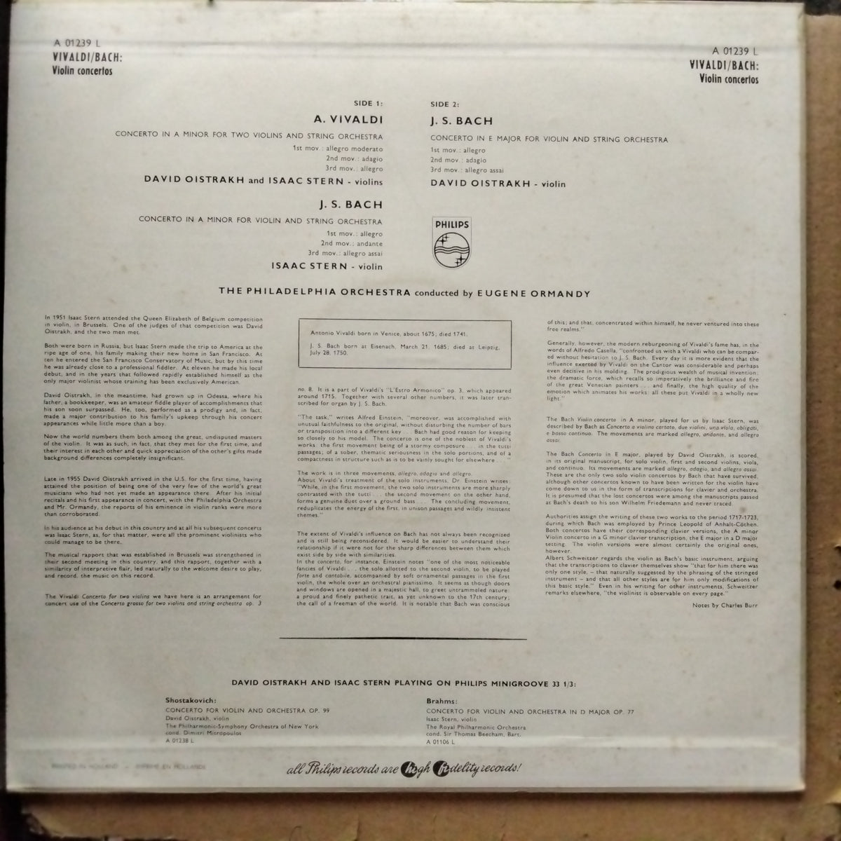 A. Vivaldi*, David Oistrakh*, Isaac Stern, J. S. Bach*, The Philadelphia Orchestra  - Concerto For Two Violins And String Orchestra In A Minor (Vinyl)