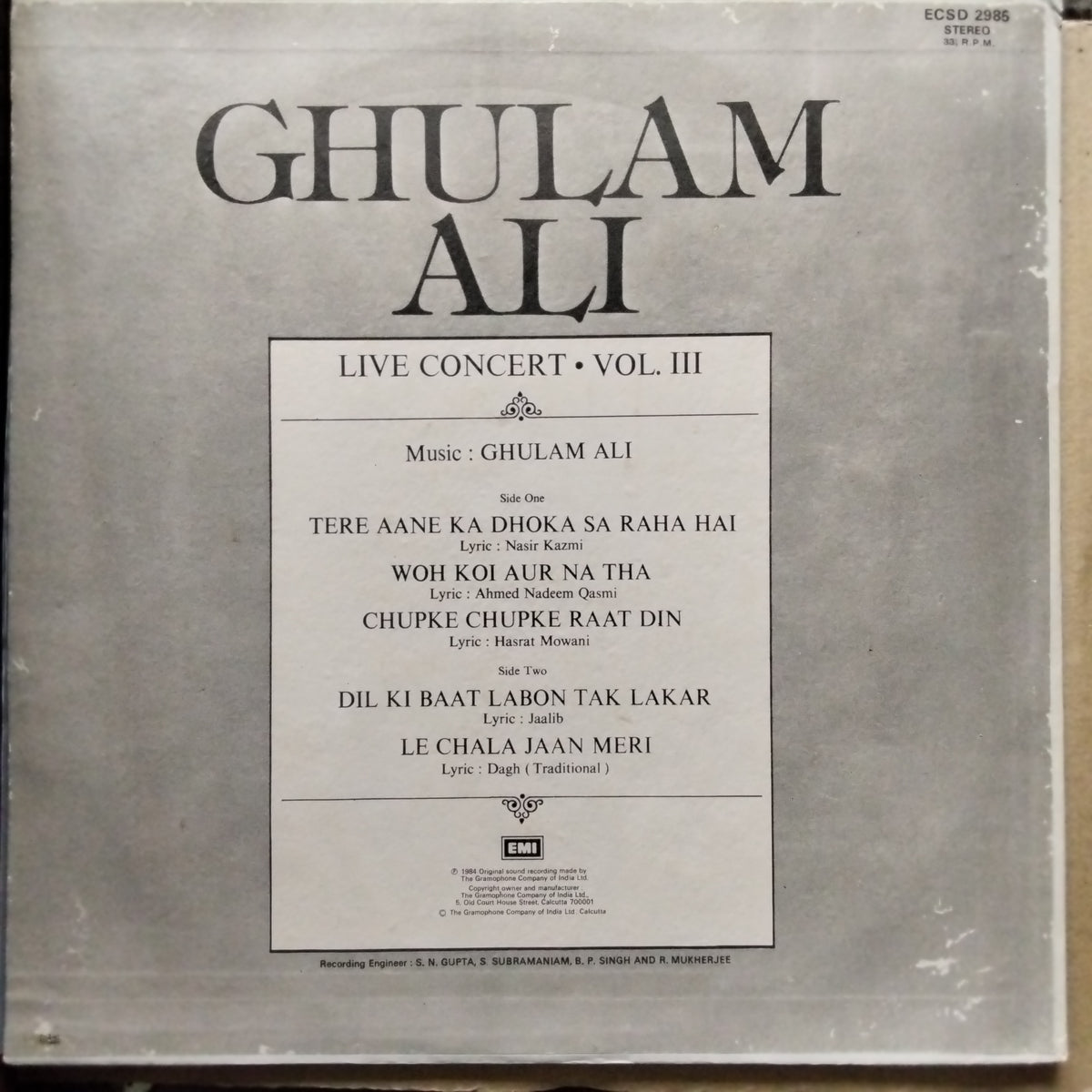 Ghulam Ali  - Live Concert • Vol. III (Vinyl)
