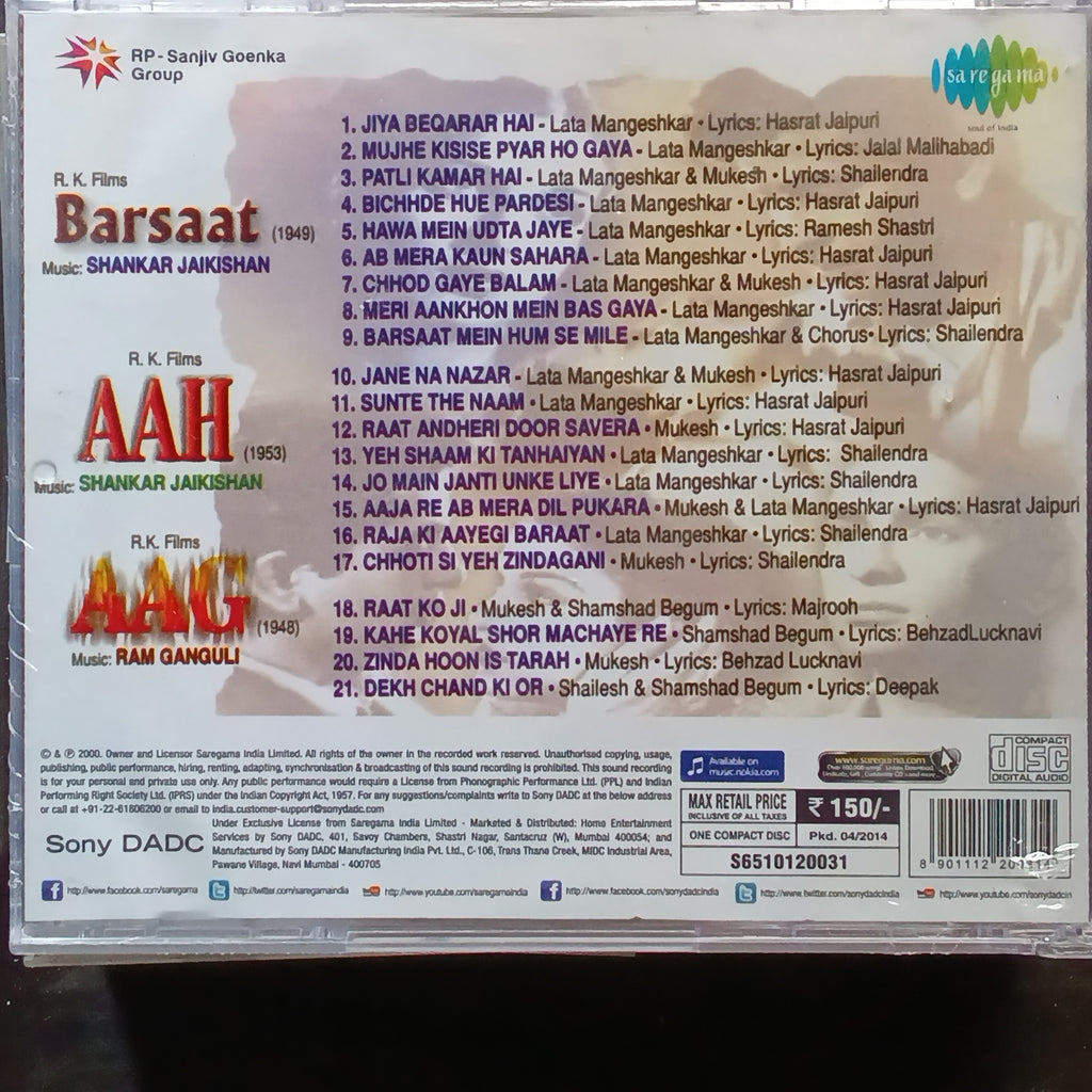 Shankar Jaikishan+ Ram Ganguli  - Barsaat + Aah + Aag (CD)