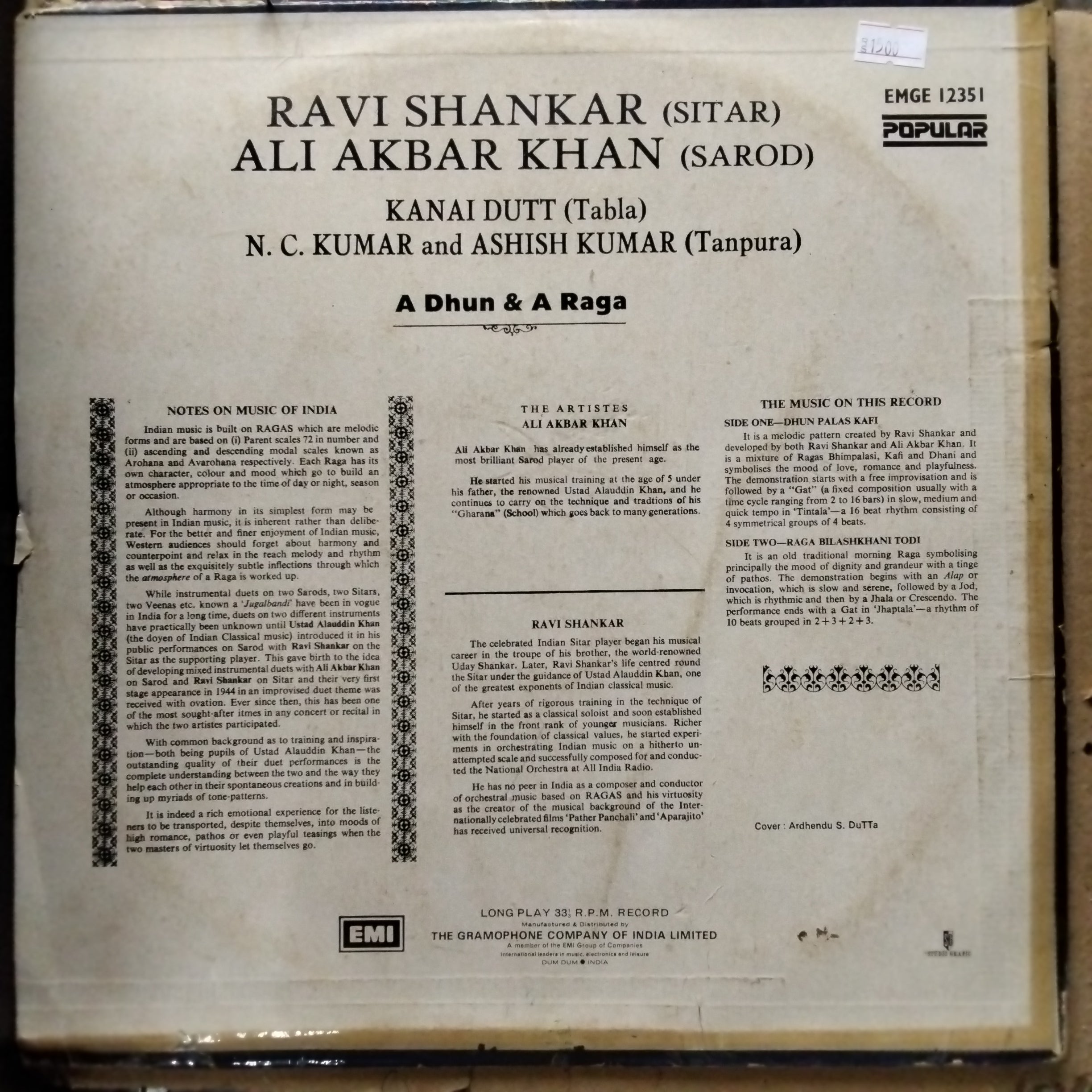 Ravi Shankar, Ali Akbar Khan With Kanai Dutt* And NC Kumar And Ashish Kumar  - A Dhun & A Raga (Vinyl)