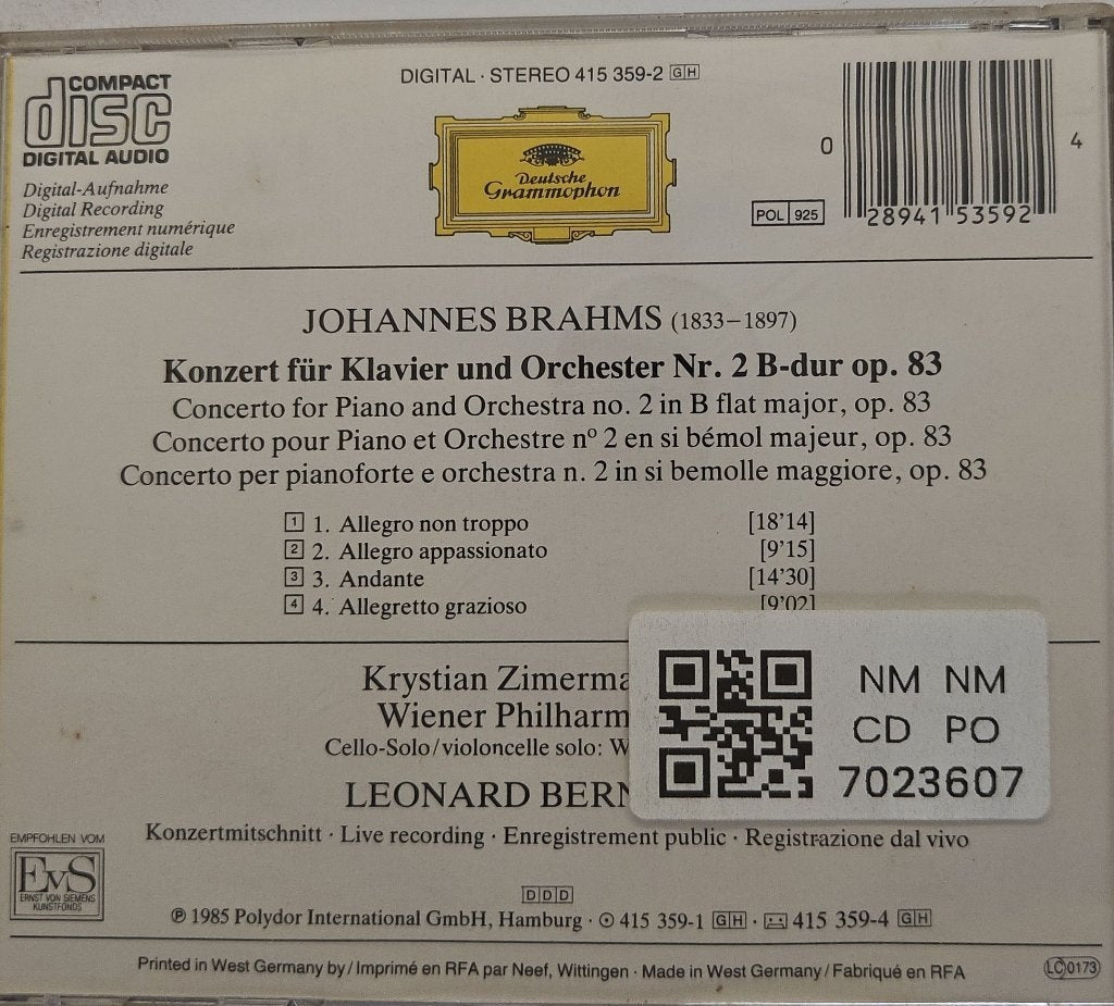 Krystian Zimerman, Leonard Bernstein, Wiener Philharmoniker - Brahms: Klavierkonzert No. 2 Piano Concerto Concerto Pour Piano (CD)