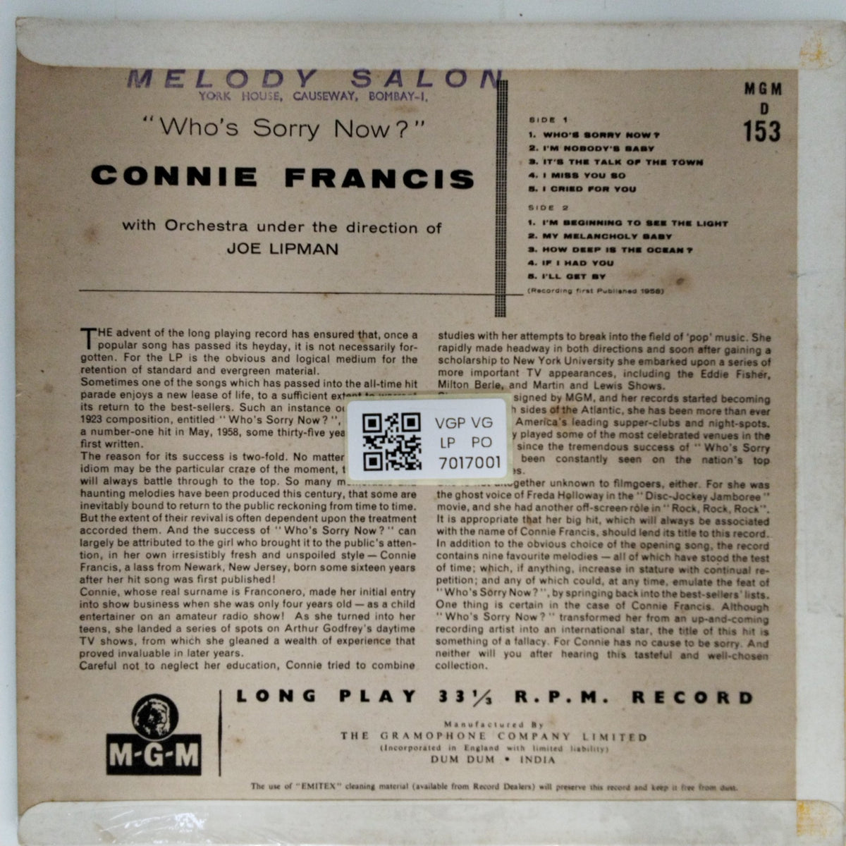 Connie Francis - Who's Sorry Now (Vinyl)