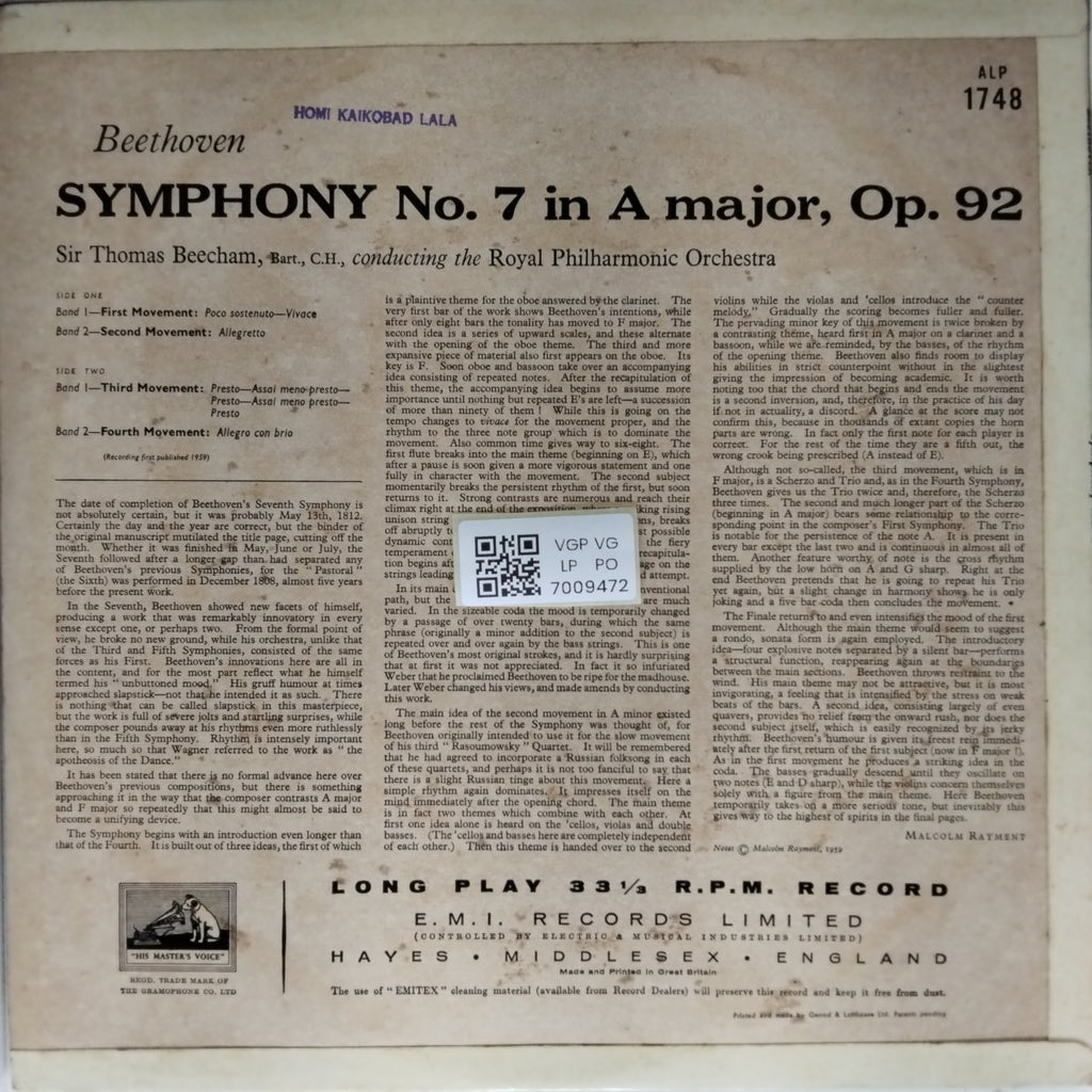 Ludwig van Beethoven, Royal Philharmonic Orchestra, Sir Thomas Beecham - Symphony No. 7 in A, Op. 92 (Vinyl)