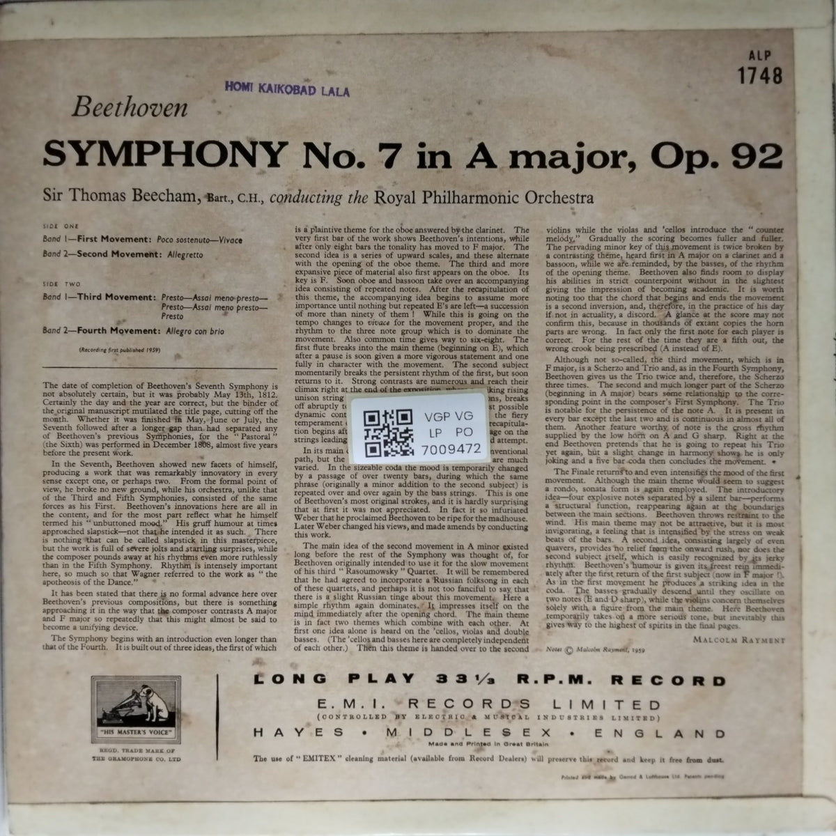 Ludwig van Beethoven, Royal Philharmonic Orchestra, Sir Thomas Beecham - Symphony No. 7 in A, Op. 92 (Vinyl)