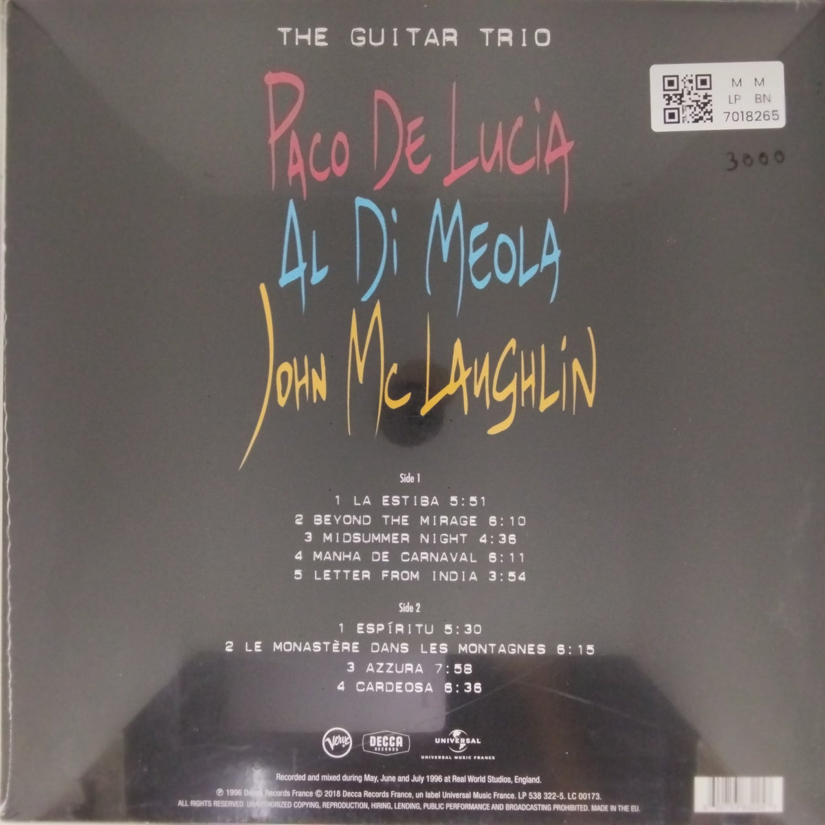Paco De Lucia, Al Di Meola, John McLaughlin - The Guitar Trio (Vinyl)