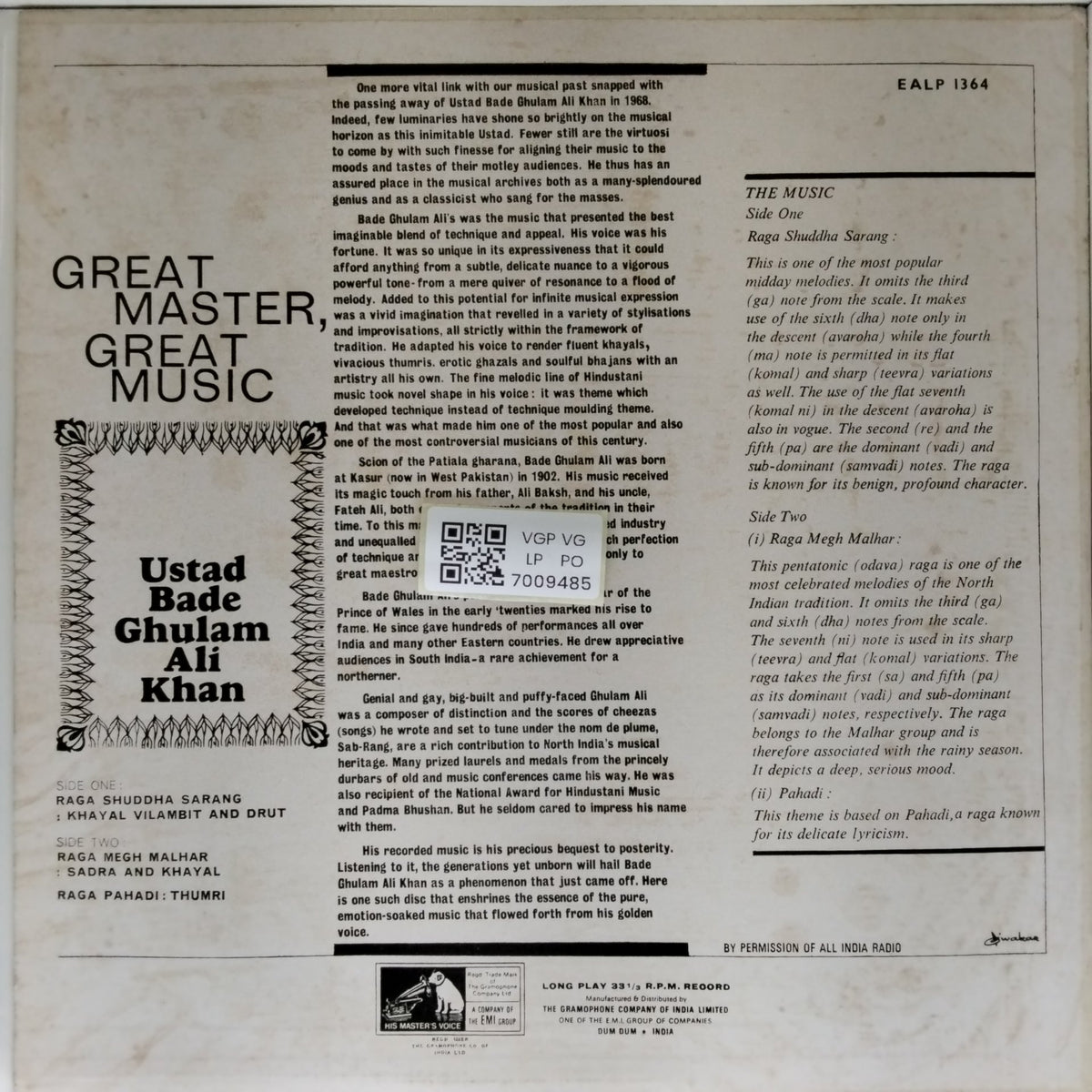 Ustad Bade Ghulam Ali Khan - Great Master, Great Music (Vinyl)