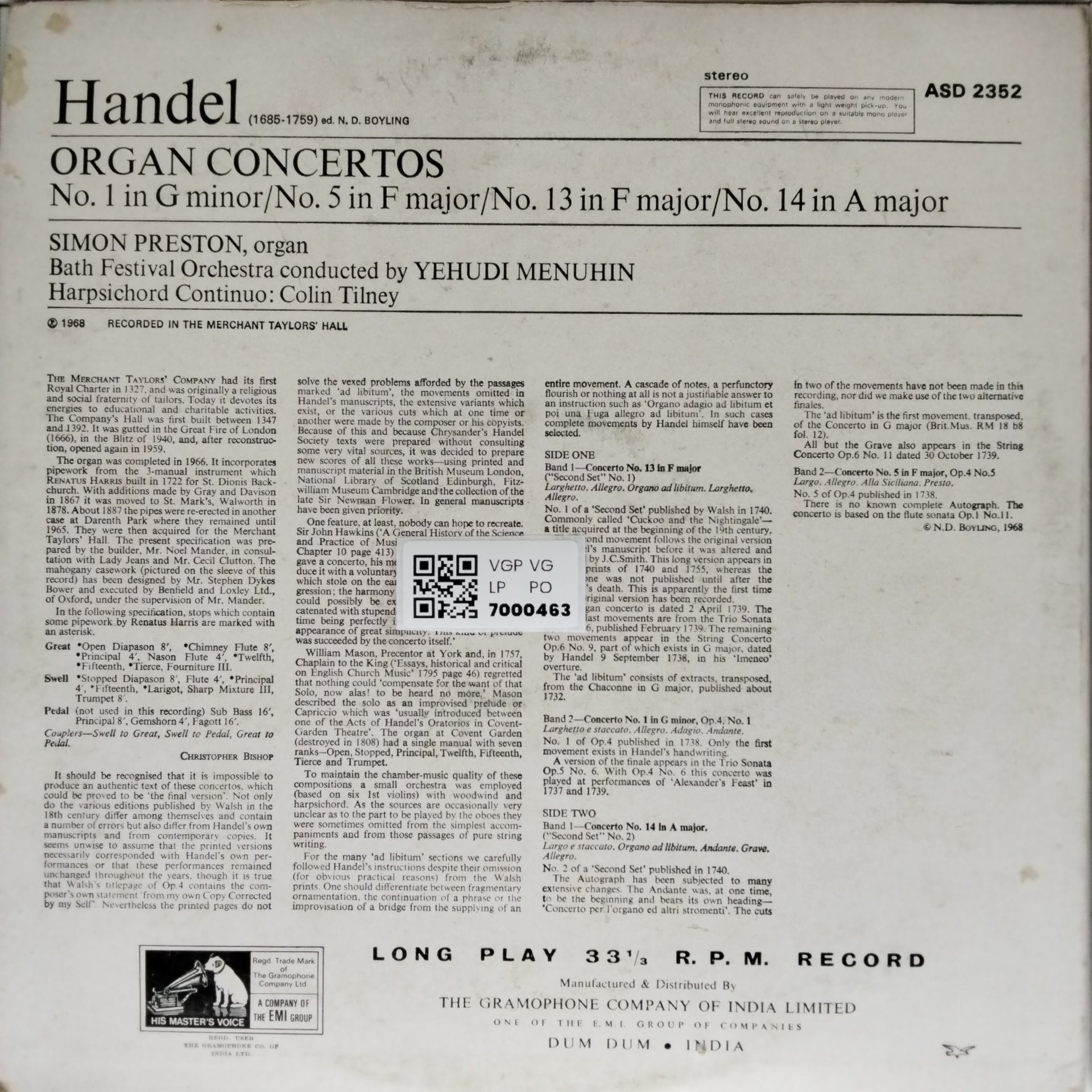 Simon Preston, Bath Festival Orchestra, Yehudi Menuhin - Handel Organ Concertos (Vinyl)