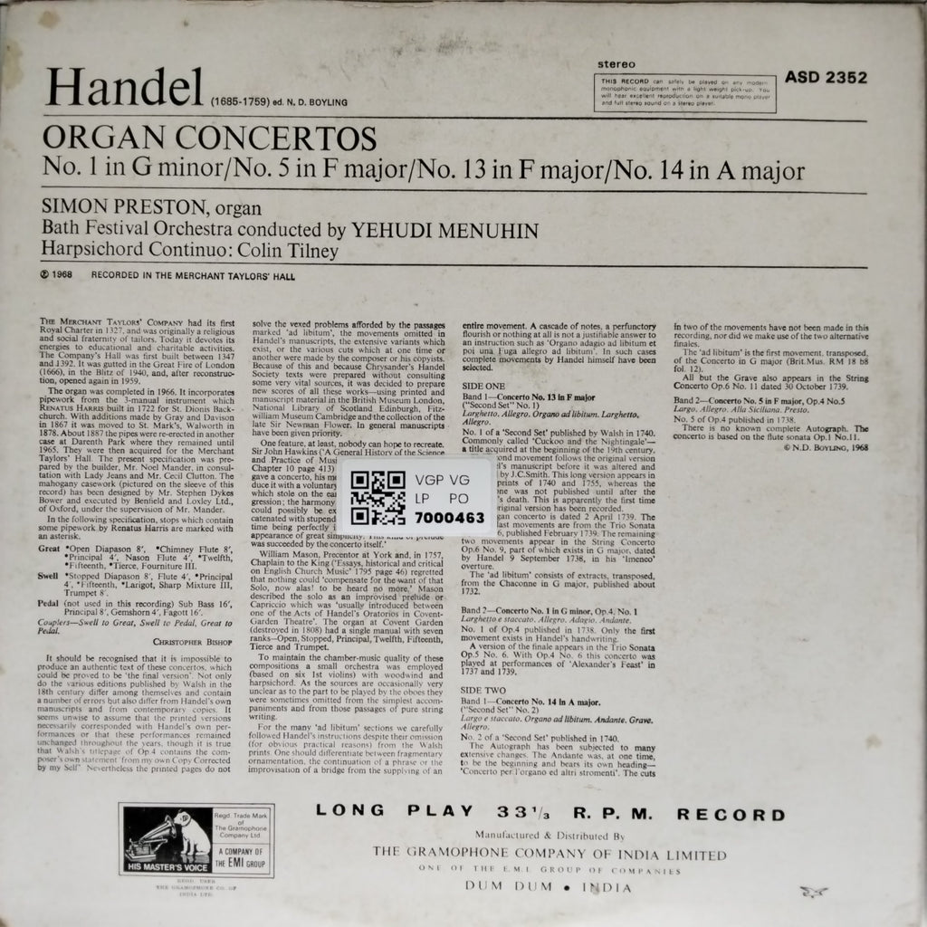 Simon Preston, Bath Festival Orchestra, Yehudi Menuhin - Handel Organ Concertos (Vinyl)