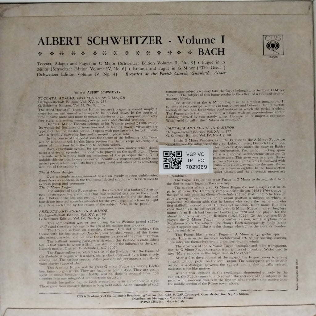Albert Schweitzer - Bach Organ Music Vol. I (Vinyl)