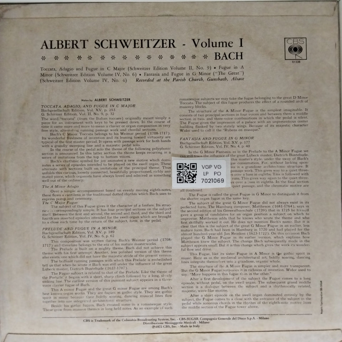 Albert Schweitzer - Bach Organ Music Vol. I (Vinyl)