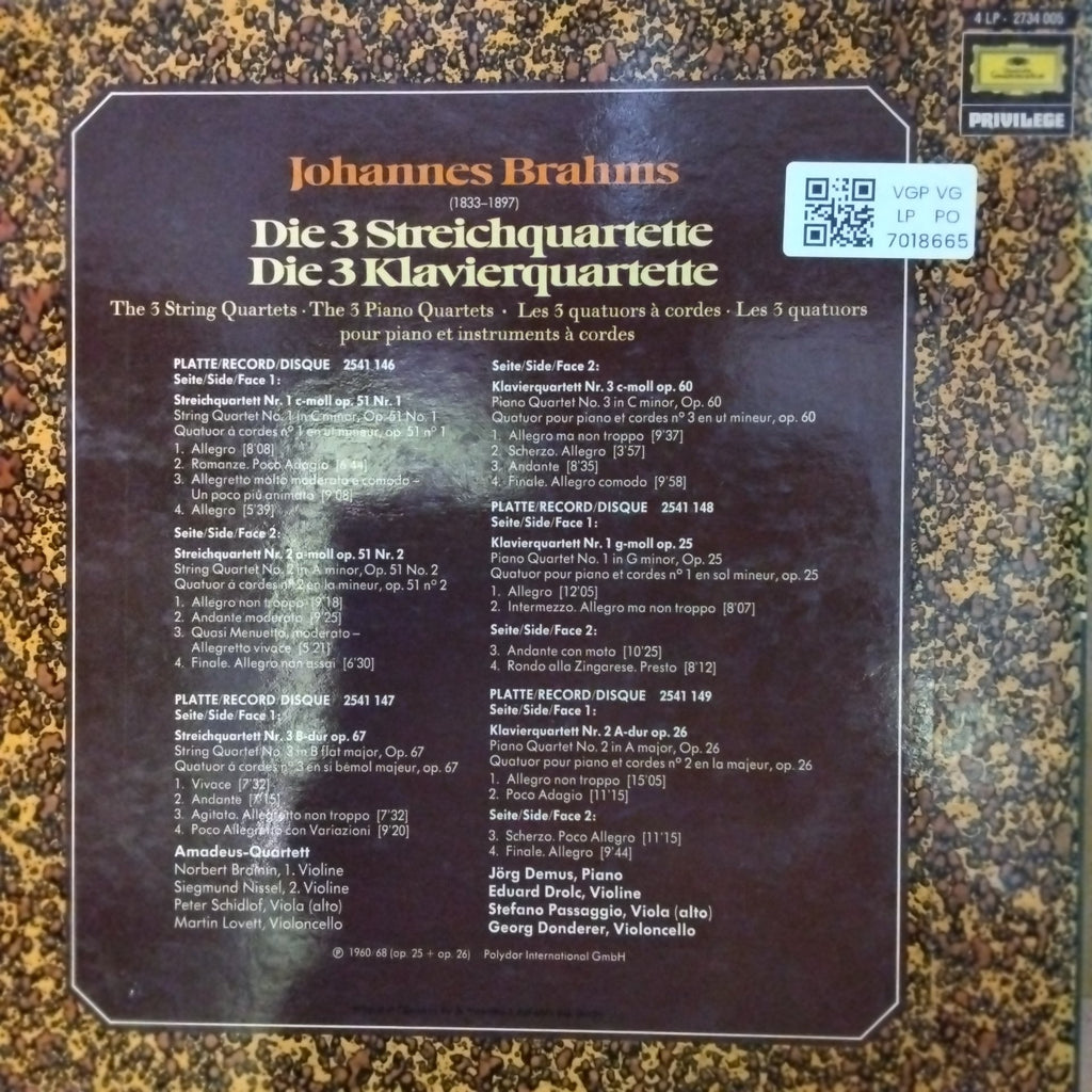 Johannes Brahms, Amadeus-Quartett, Jörg Demus, Eduard Drolc, Stefano Passaggio, Georg Donderer - Die 3 Streichquartette Die 3 Klavierquartette (Vinyl) (4)