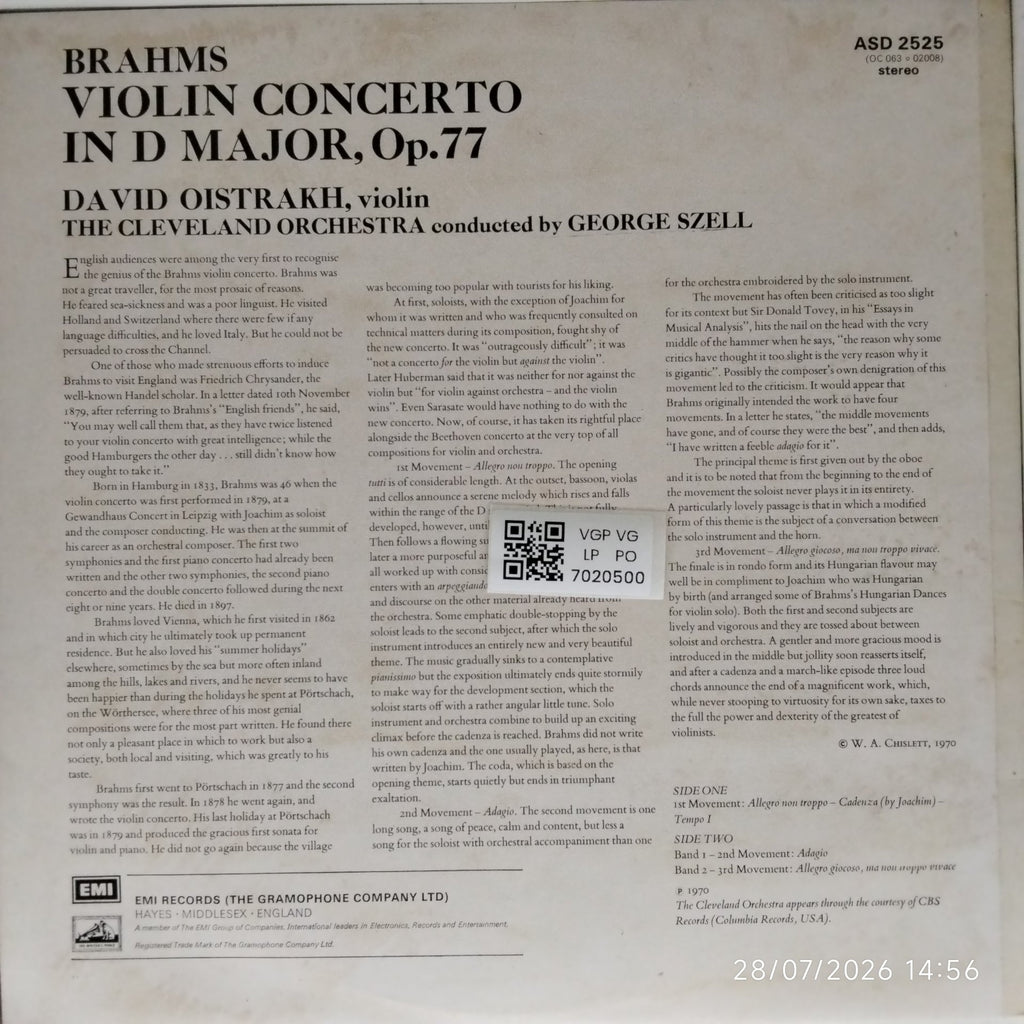 David Oistrakh, George Szell, The Cleveland Orchestra - Brahms Violin Concerto (Vinyl)