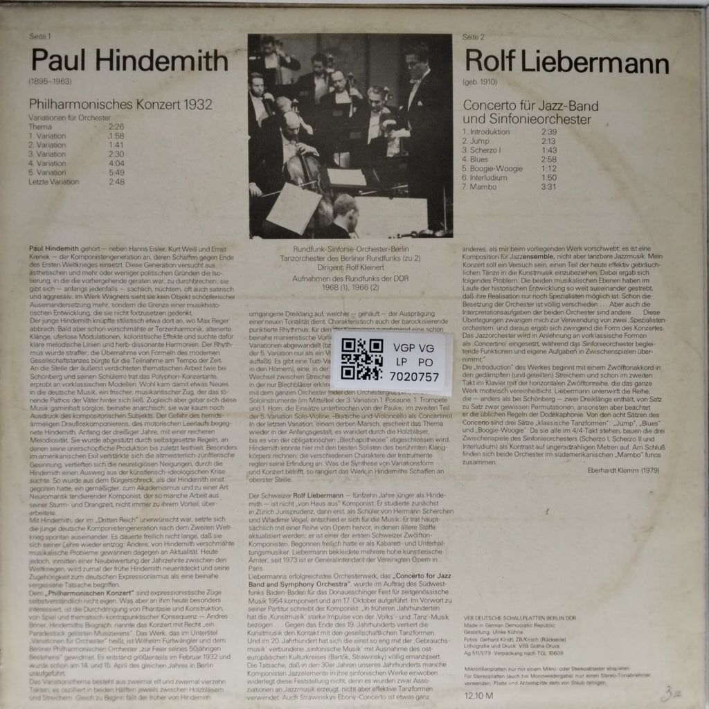 Paul Hindemith, Rolf Liebermann - Philharmonisches Konzert / Concerto für Jazzband und Sinfonieorchester (Vinyl)