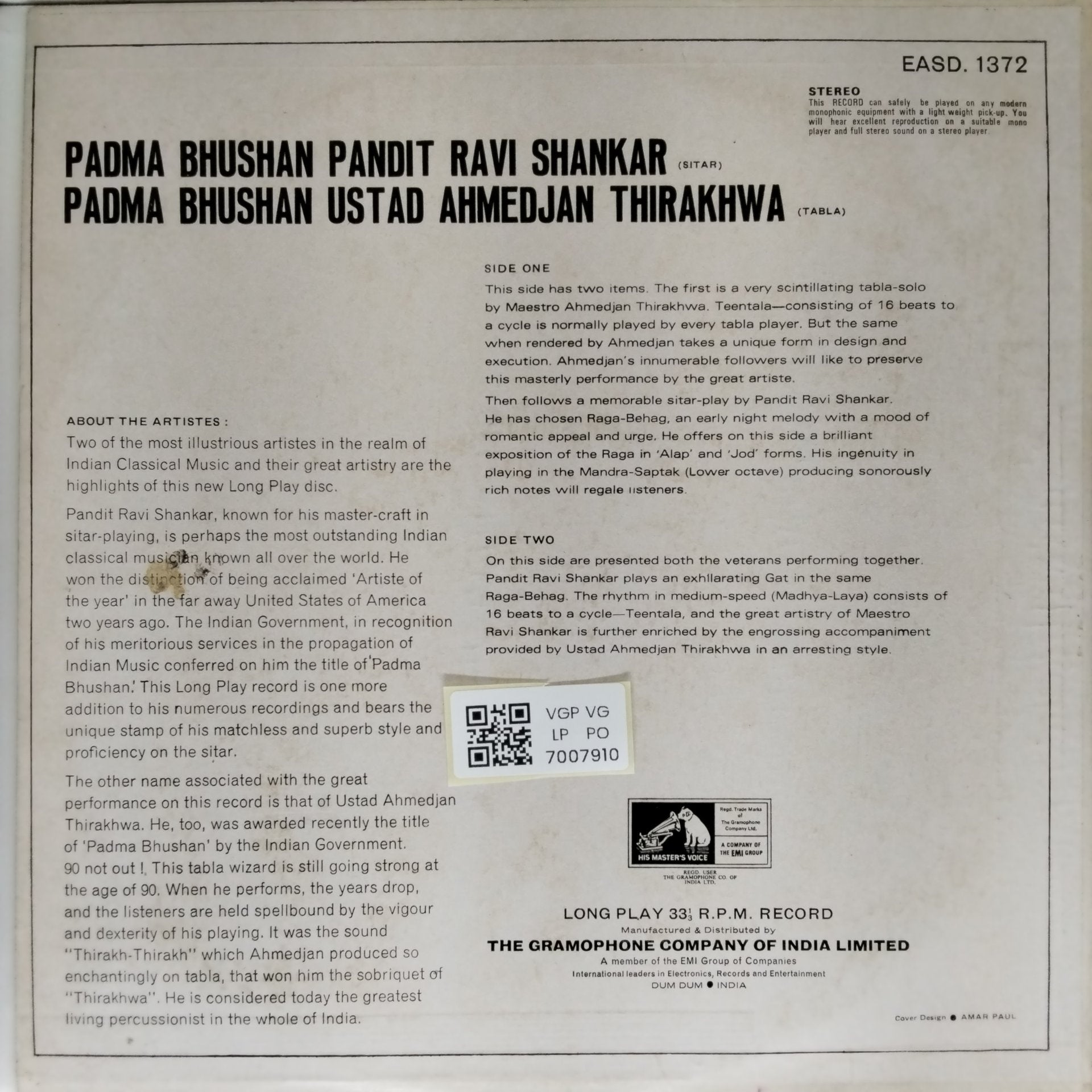 Pandit Ravi Shankar, Ustad Ahmedjan Thirakhwa - Padma Bhushan Pandit Ravi Shankar & Padma Bhushan Ustad Ahmedjan Thirakhwa (Vinyl)