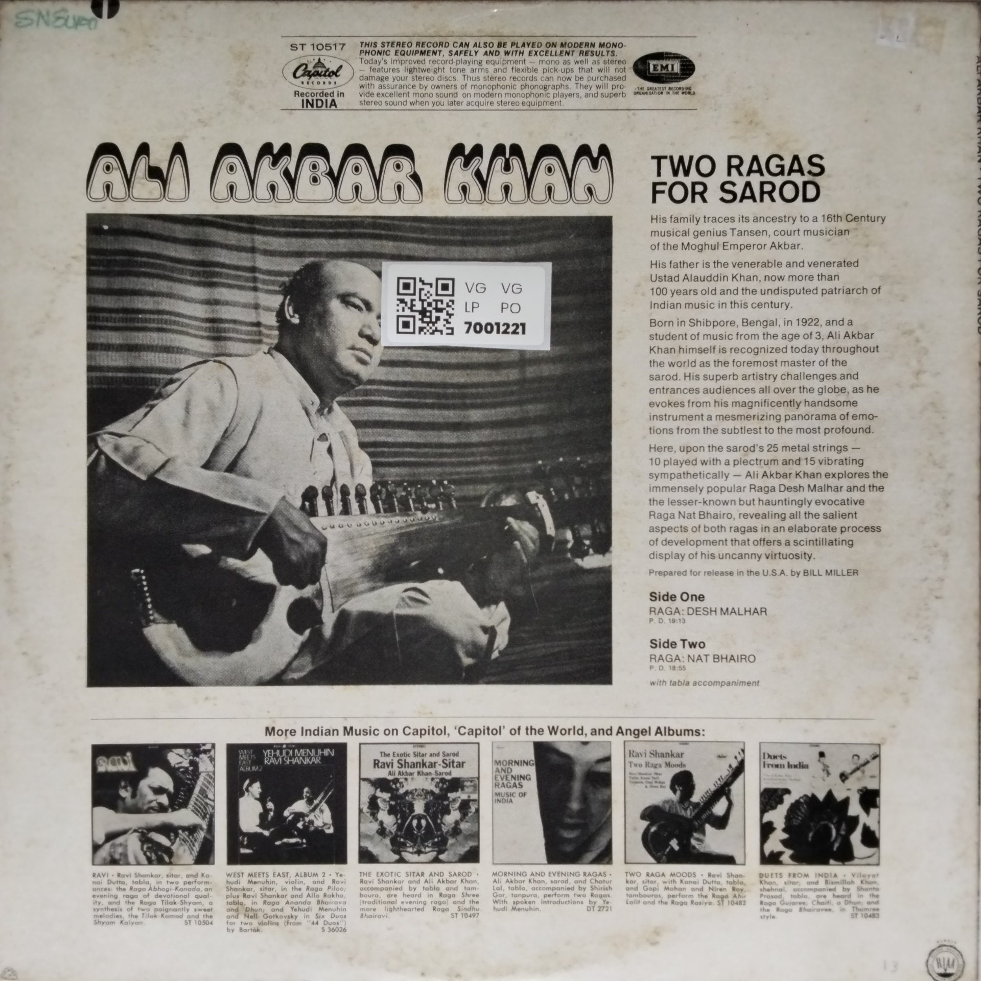 Ali Akbar Khan - Two Ragas For Sarod (Vinyl)