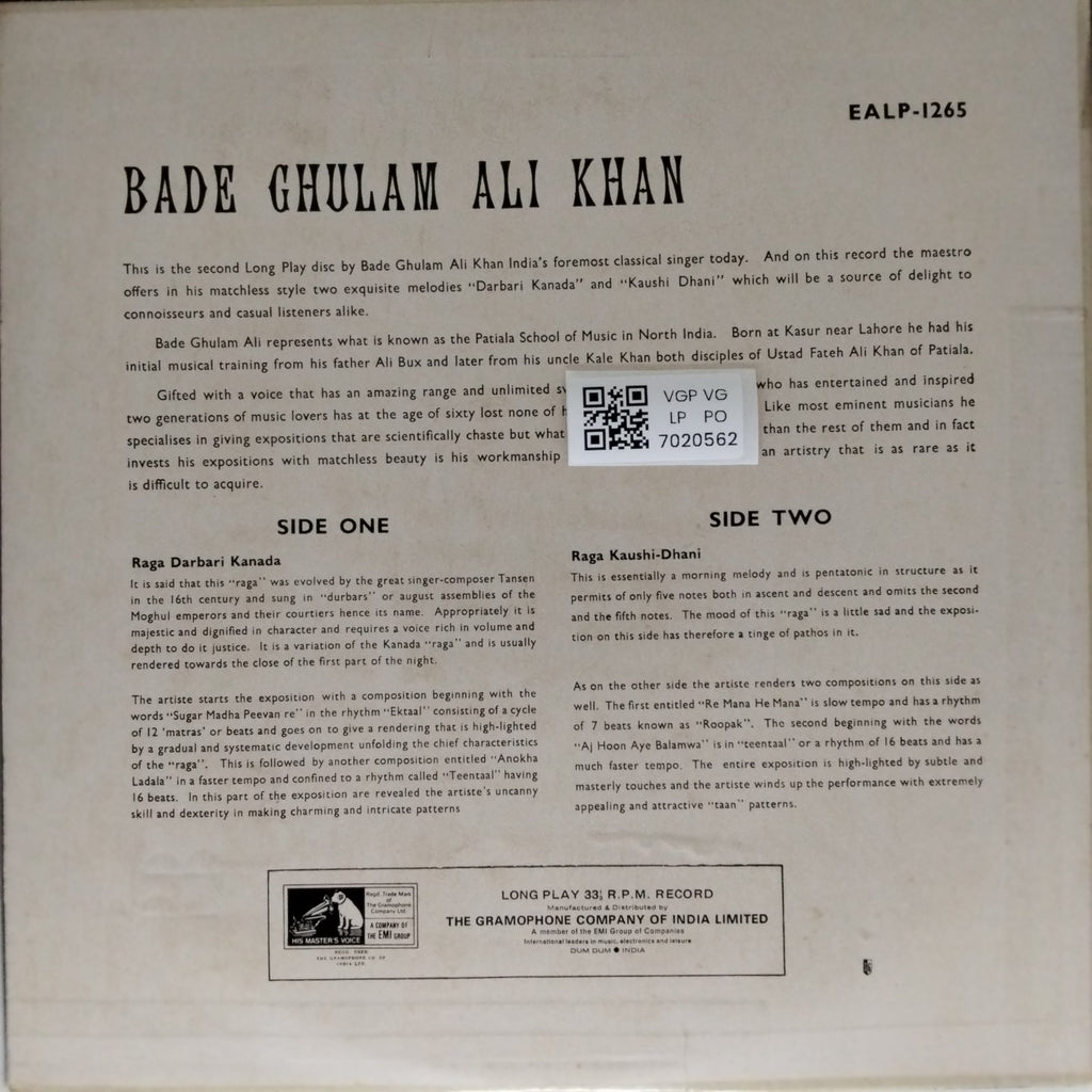 Bade Ghulam Ali Khan - Raga - Darbari Kanada, Raga - Kaushi - Dhani (Vinyl)