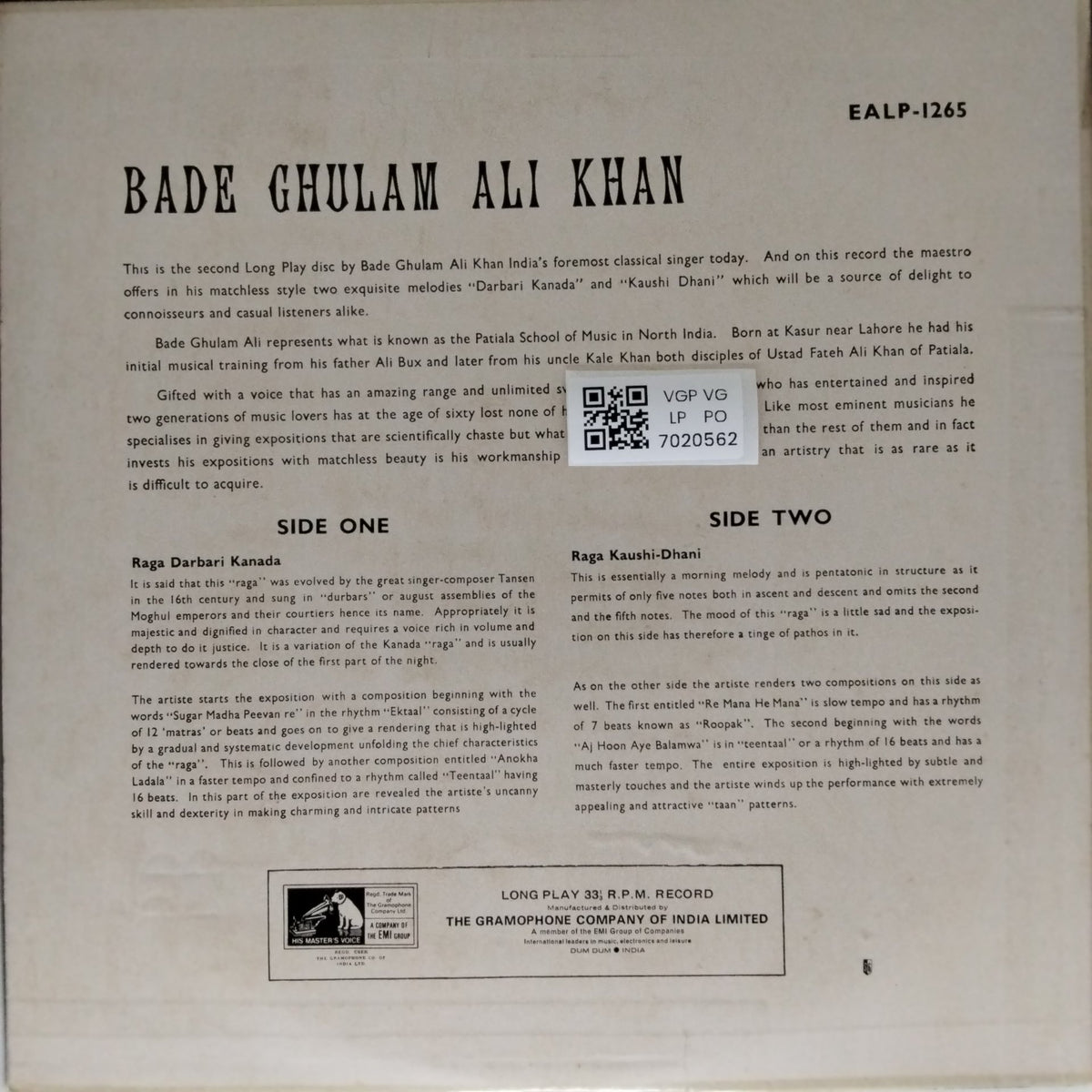 Bade Ghulam Ali Khan - Raga - Darbari Kanada, Raga - Kaushi - Dhani (Vinyl)