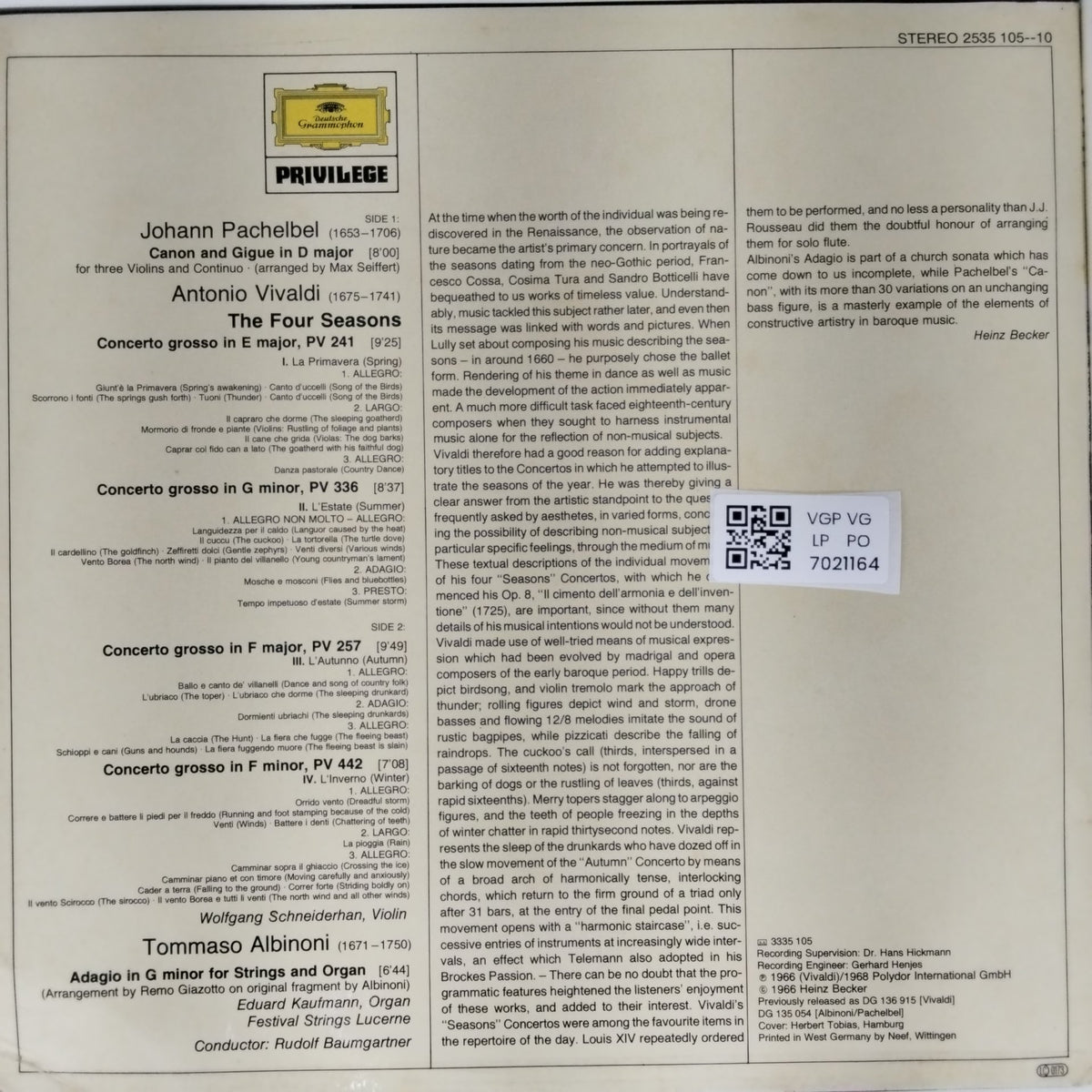 Antonio Vivaldi, Tommaso Albinoni, Johann Pachelbel, Wolfgang Schneiderhan, Festival Strings Lucerne, Rudolf Baumgartner - The Four Seasons (Vinyl)