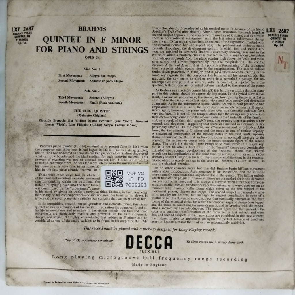 The Chigi Quintet - Quintet in F Minor for Piano and Strings Opus 34 (Vinyl)
