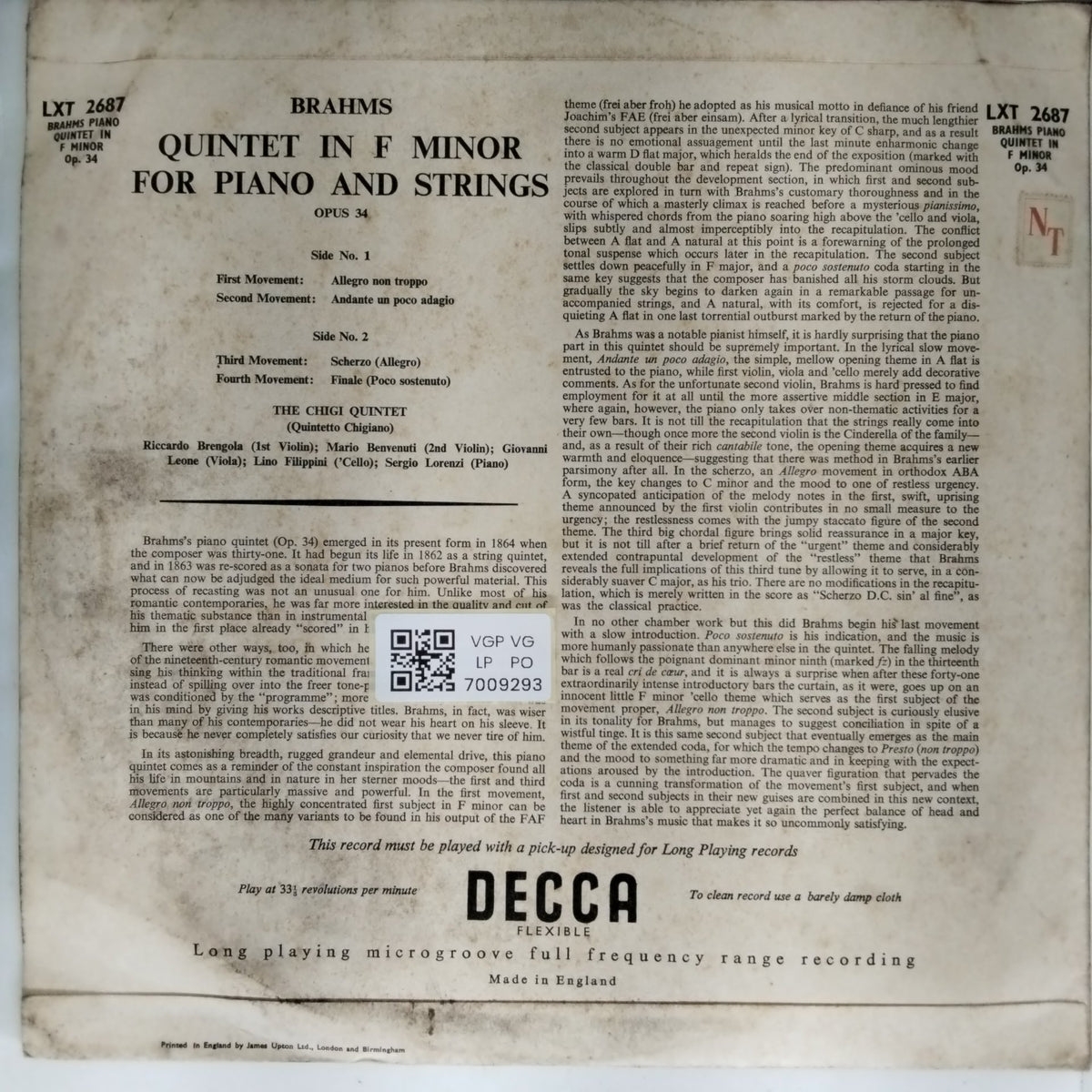 The Chigi Quintet - Quintet in F Minor for Piano and Strings Opus 34 (Vinyl)