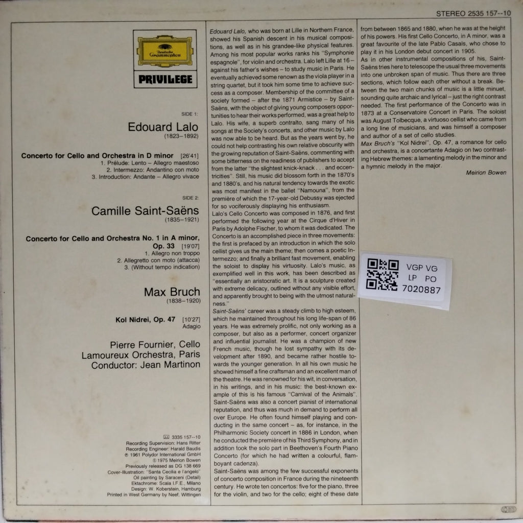 Edouard Lalo, Camille Saint-Saëns, Pierre Fournier, Lamoureux Orchestra, Jean Martinon - Cello Concertos (Vinyl)