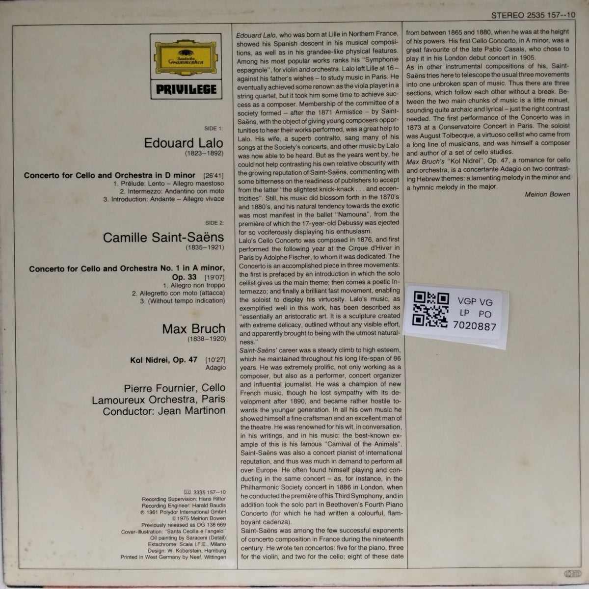 Edouard Lalo, Camille Saint-Saëns, Pierre Fournier, Lamoureux Orchestra, Jean Martinon - Cello Concertos (Vinyl)