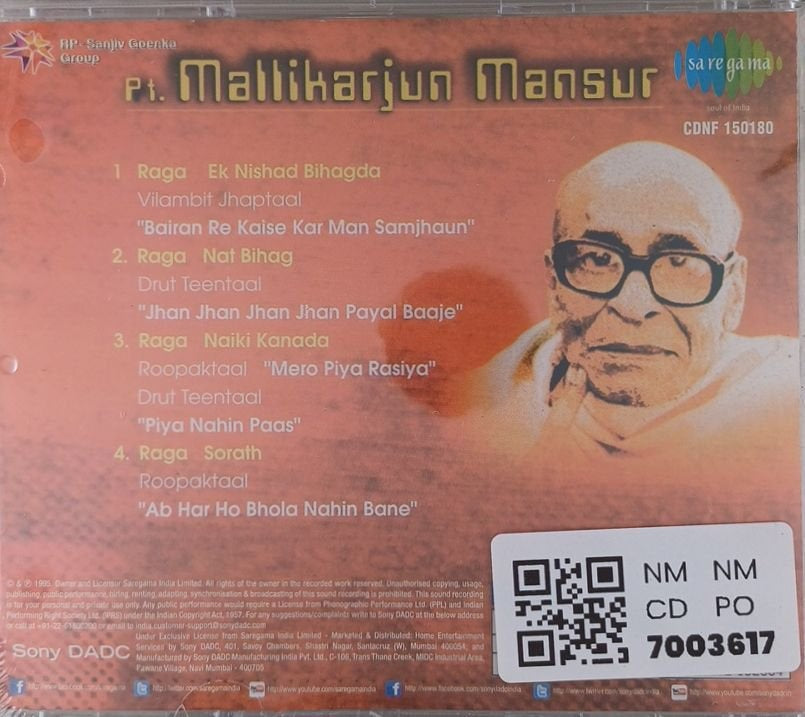 Pt. Mallikarjun Mansur - Raag Ek Nishad Bihagda, Nat Bihag, Naiki Kanada, Sorath (CD)