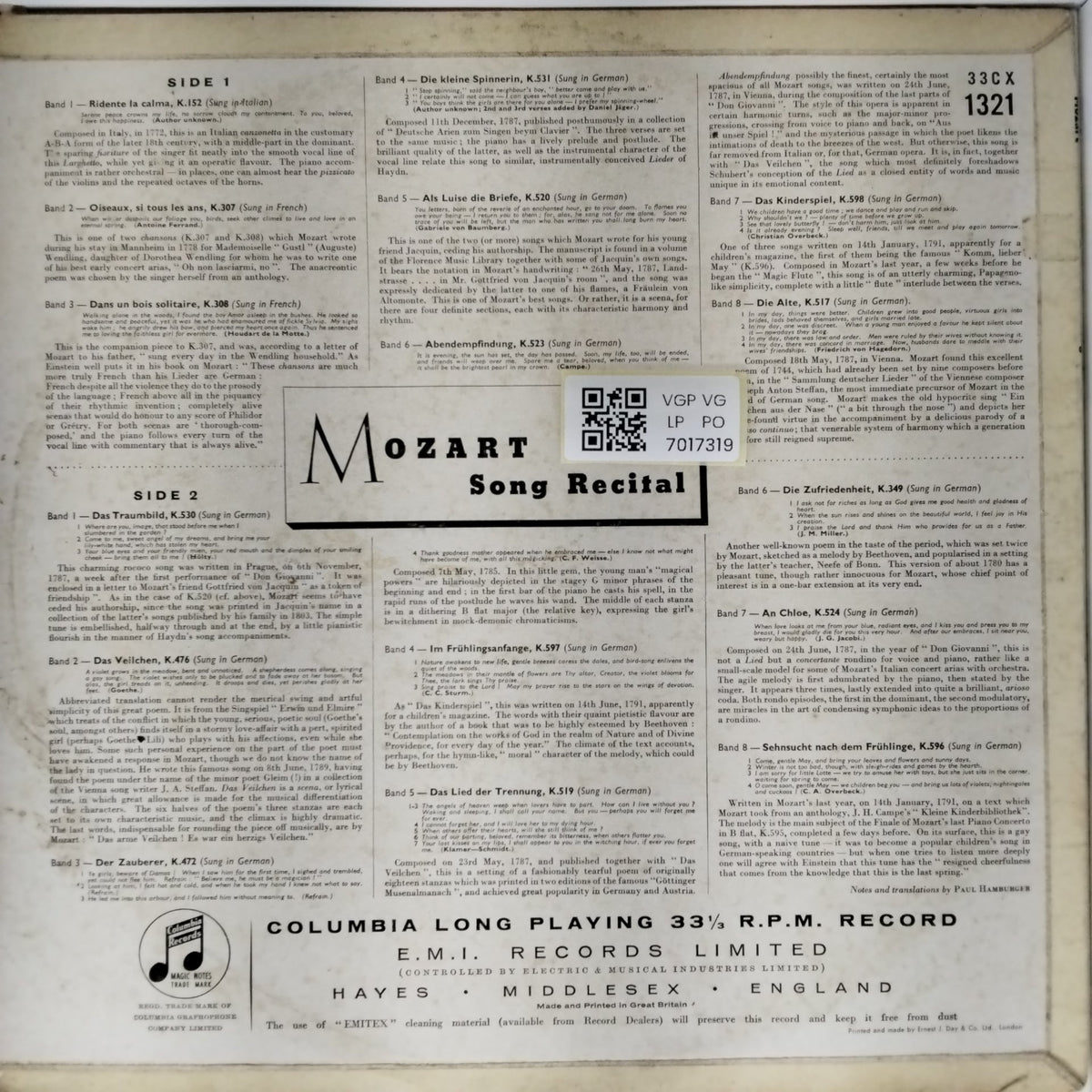 Elisabeth Schwarzkopf, Walter Gieseking - A Mozart Song Recital (Vinyl)