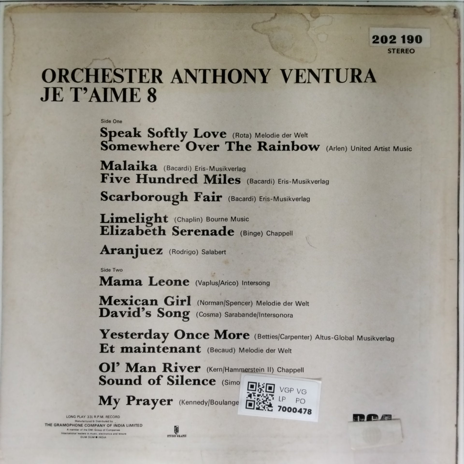 Orchester Anthony Ventura - Je t'aime 8: Traum-Melodien (Vinyl)