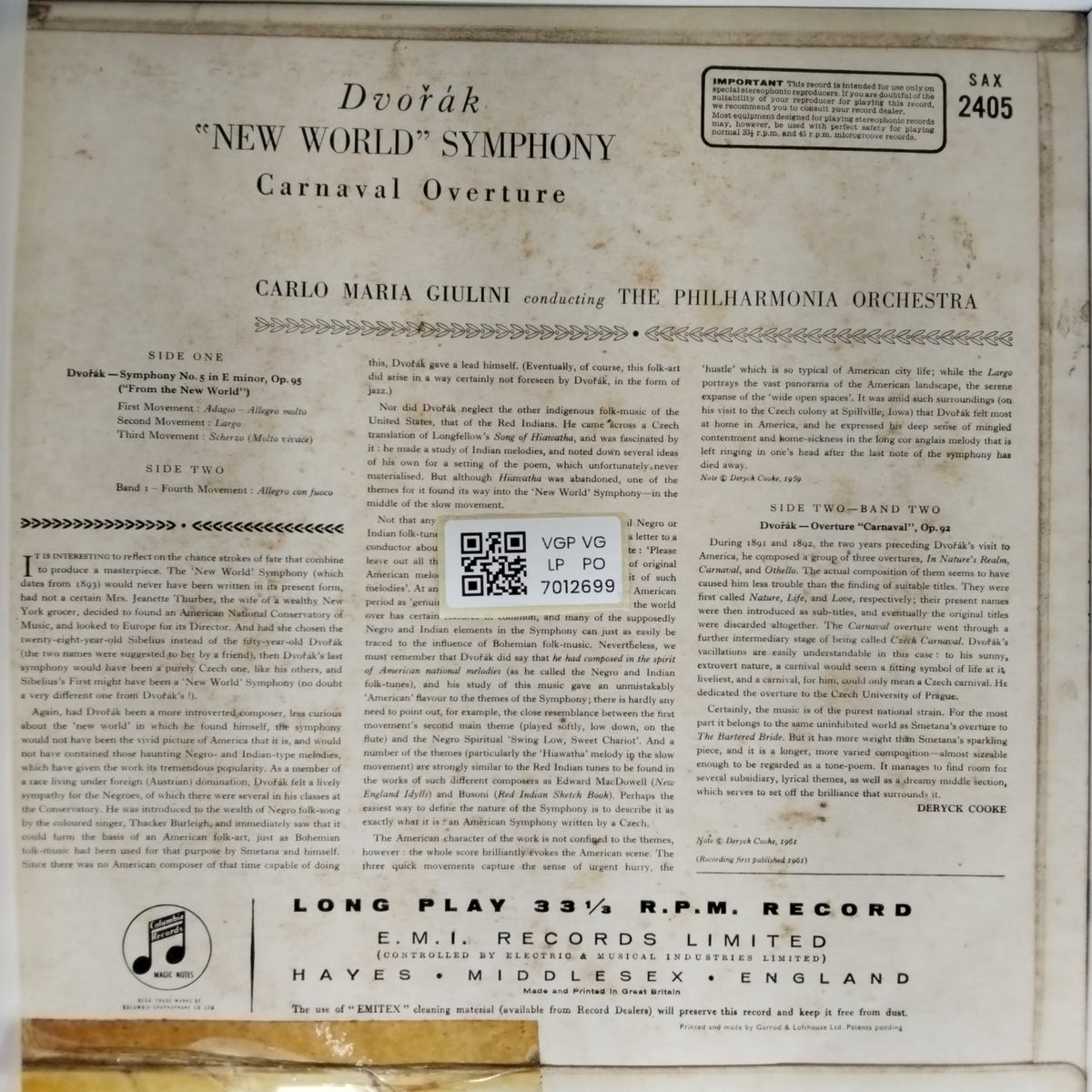 Carlo Maria Giulini, Philharmonia Orchestra - Dvořák's New World Symphony and Carnaval Overture (Vinyl)