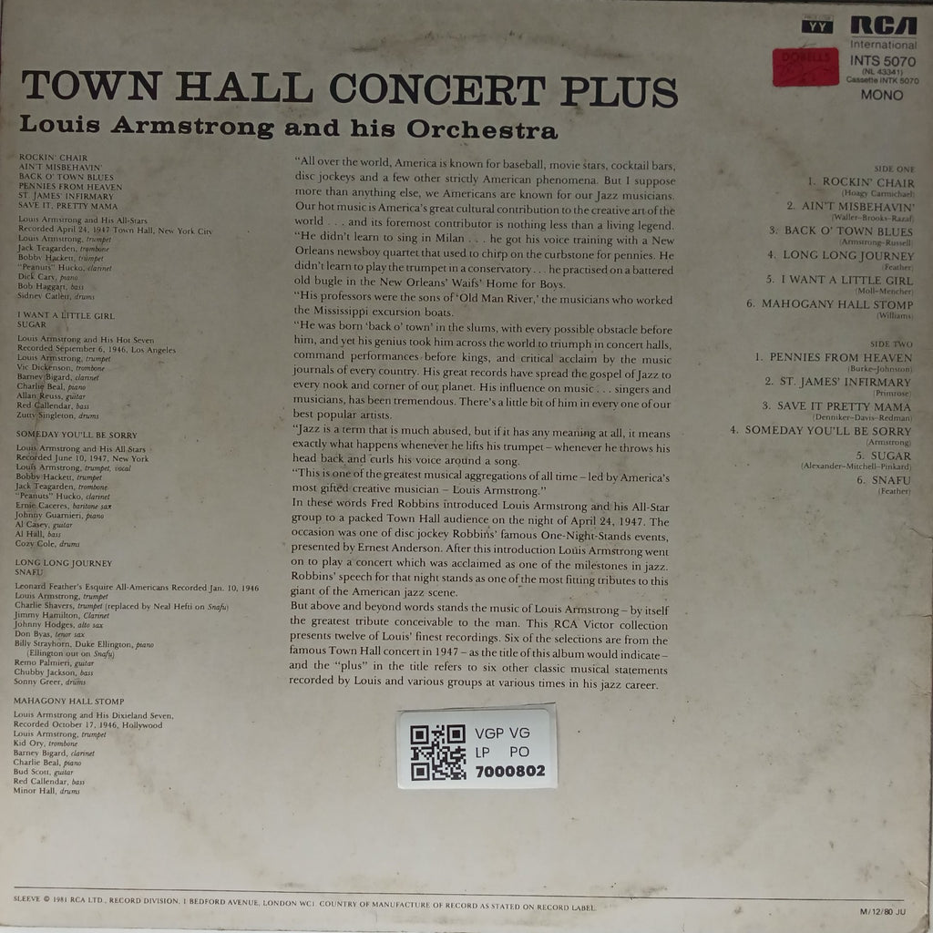 Louis Armstrong and His Orchestra - Town Hall Concert Plus (Vinyl)