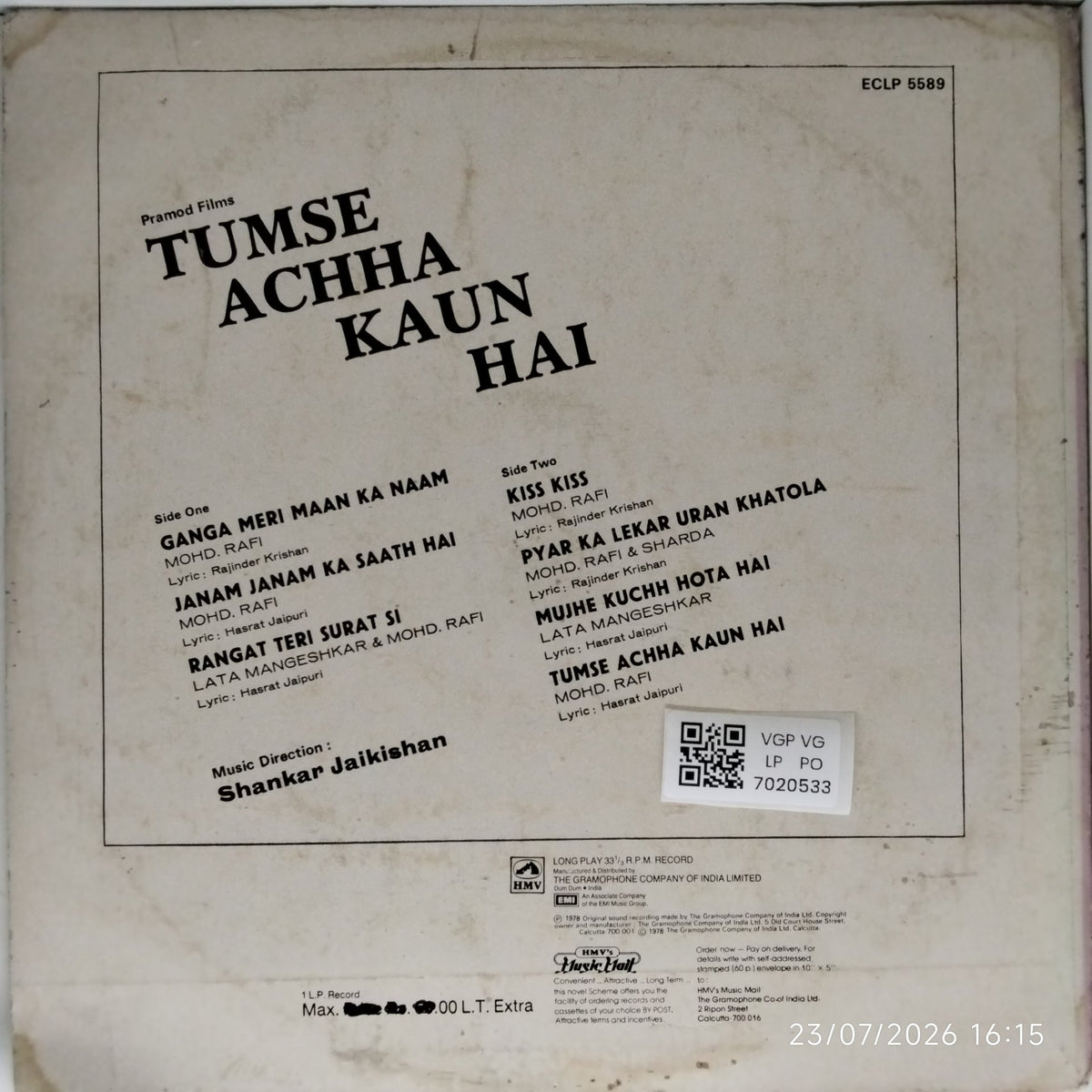 Shankar Jaikishan - Tumse Achha Kaun Hai (Vinyl)