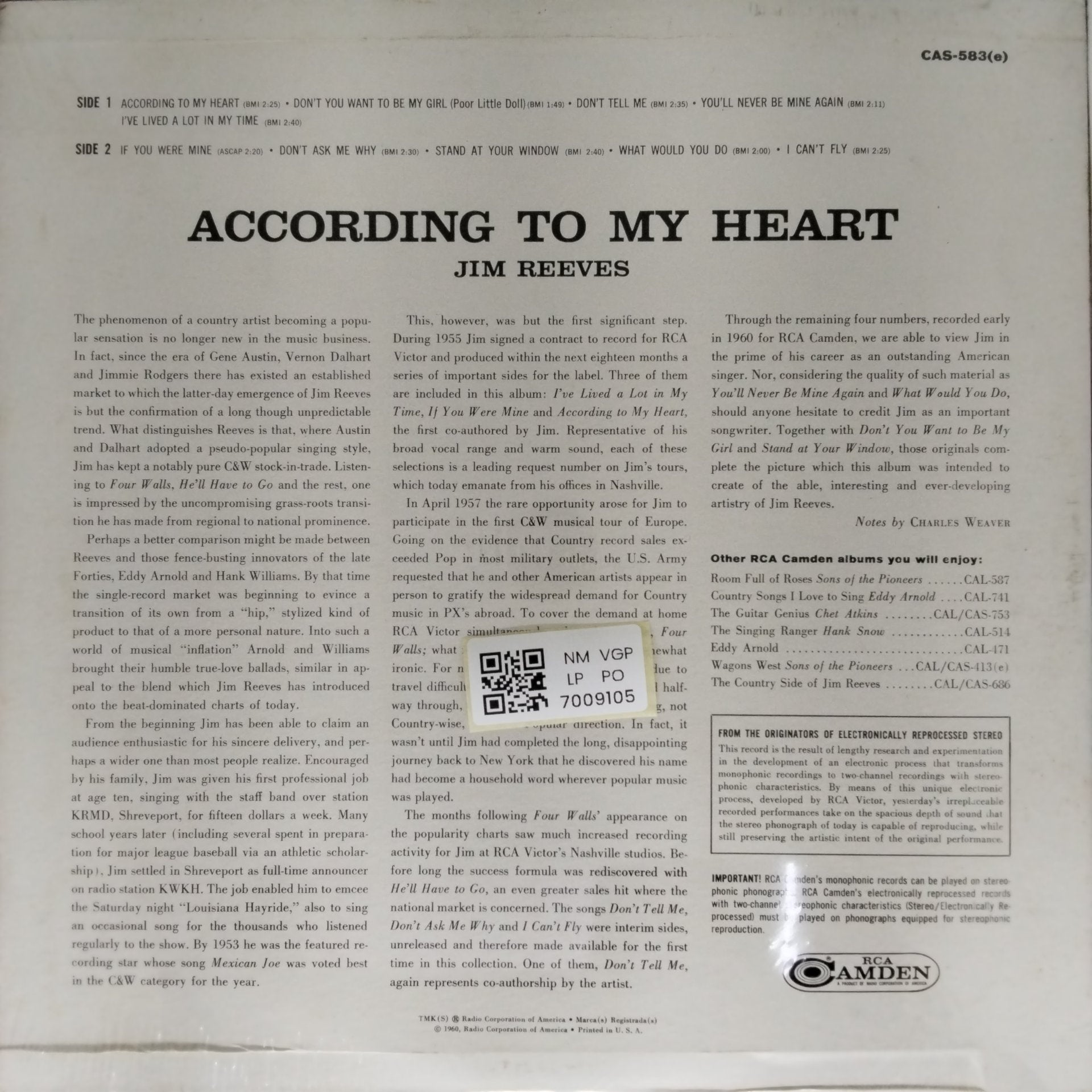 Jim Reeves - According to My Heart (Vinyl)