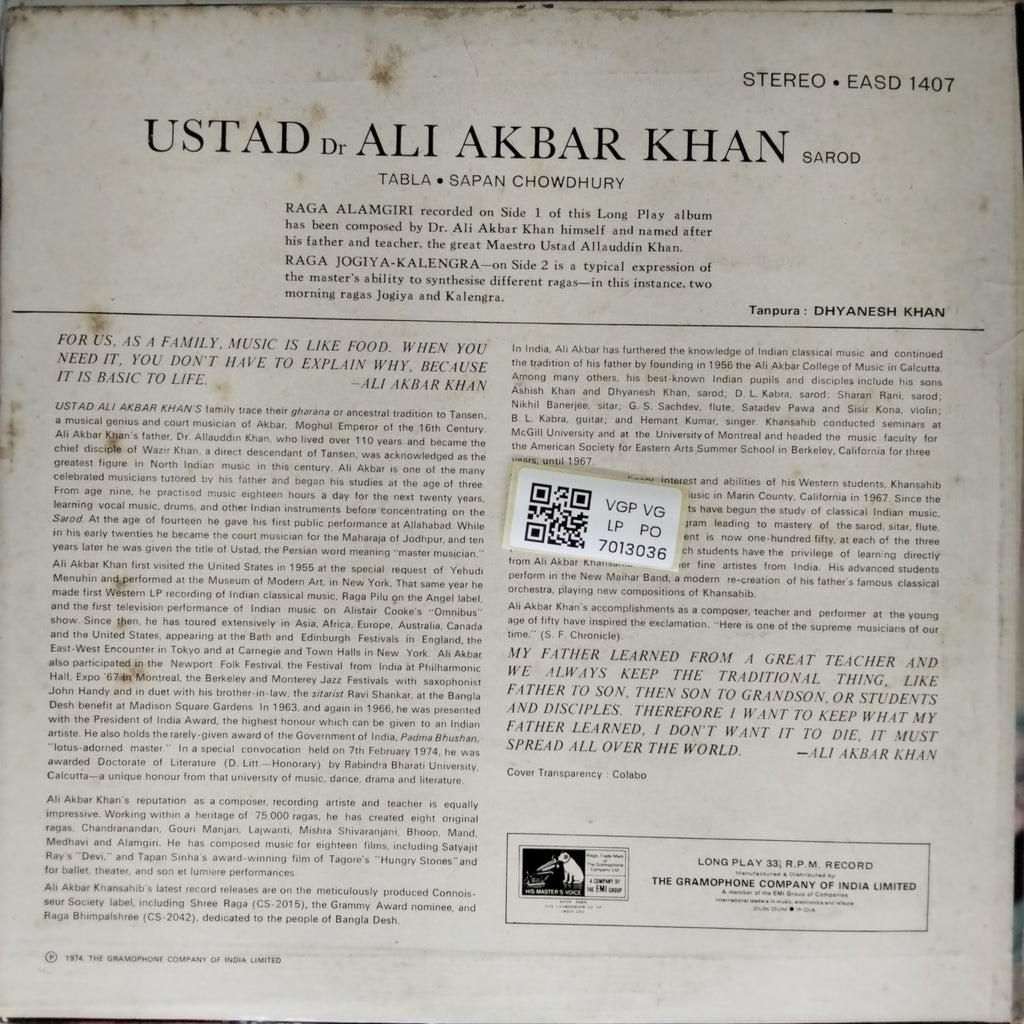 Ustad Ali Akbar Khan - Raga Alamgiri / Jogiya-Kalengra (Vinyl)