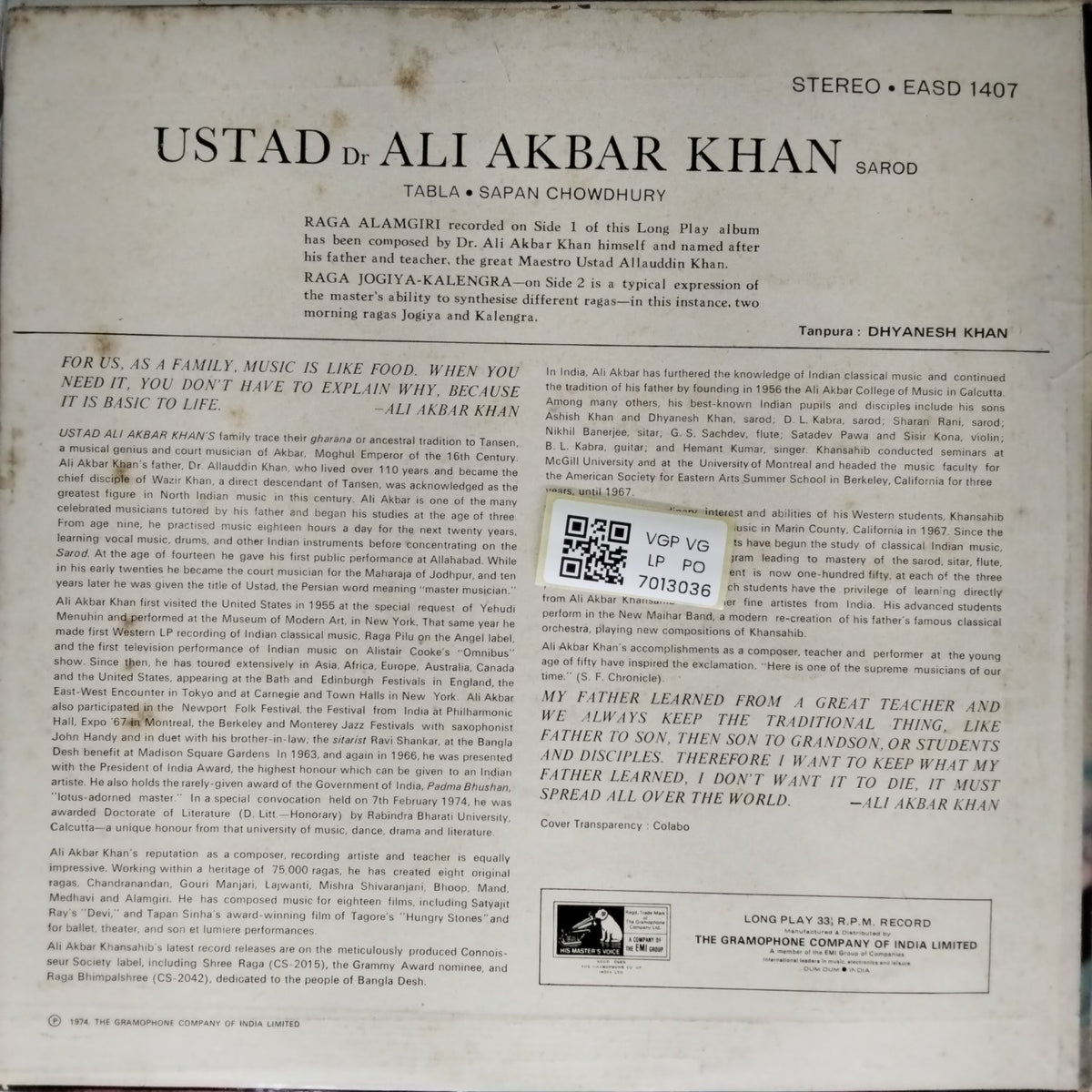 Ustad Ali Akbar Khan - Raga Alamgiri / Jogiya-Kalengra (Vinyl)