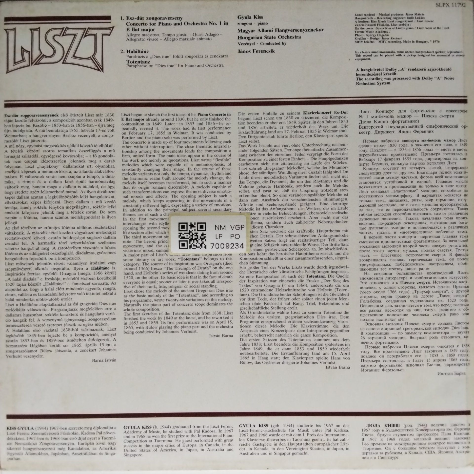 Liszt, Gyula Kiss, Hungarian State Orchestra, János Ferencsik - Piano Concerto in E Flat Major, Totentanz (Vinyl)
