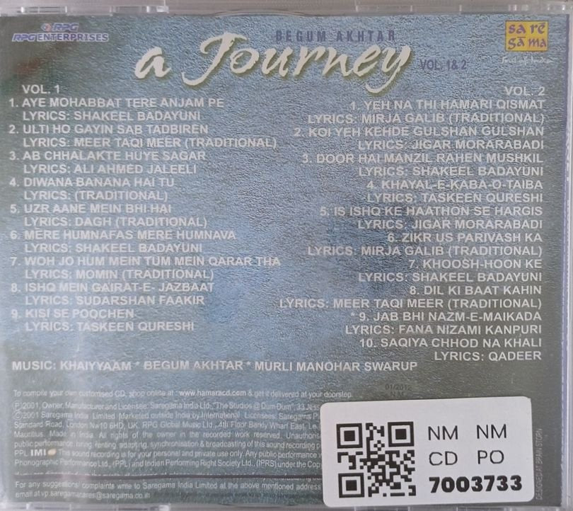 Khaiyyaam, Begum Akhtar, Murli Manohar Swarup - A Journey: Her Greatest Collection Ever Vol. 1 & 2 (CD) (2)