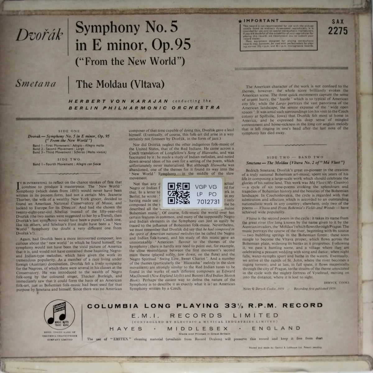 Herbert von Karajan, Berlin Philharmonic Orchestra - New World Symphony / The Moldau (Vinyl)
