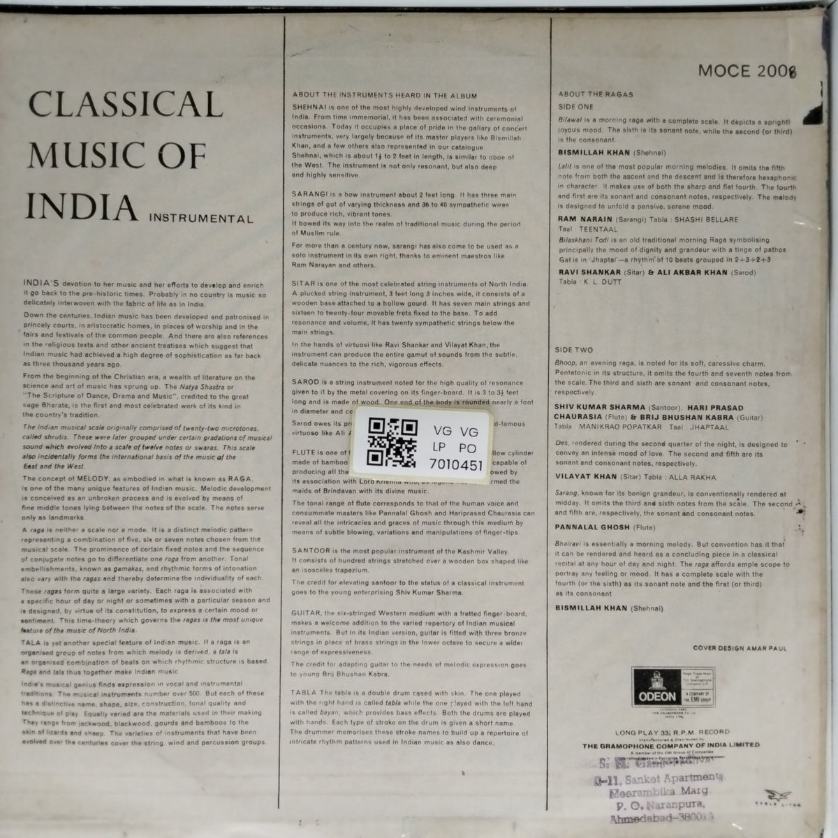 Ravi Shankar, Ram Narain, Vijay Raghav Rao, Shiv Kumar Sharma, Pannalal Ghosh - Classical Music of India (Vinyl)